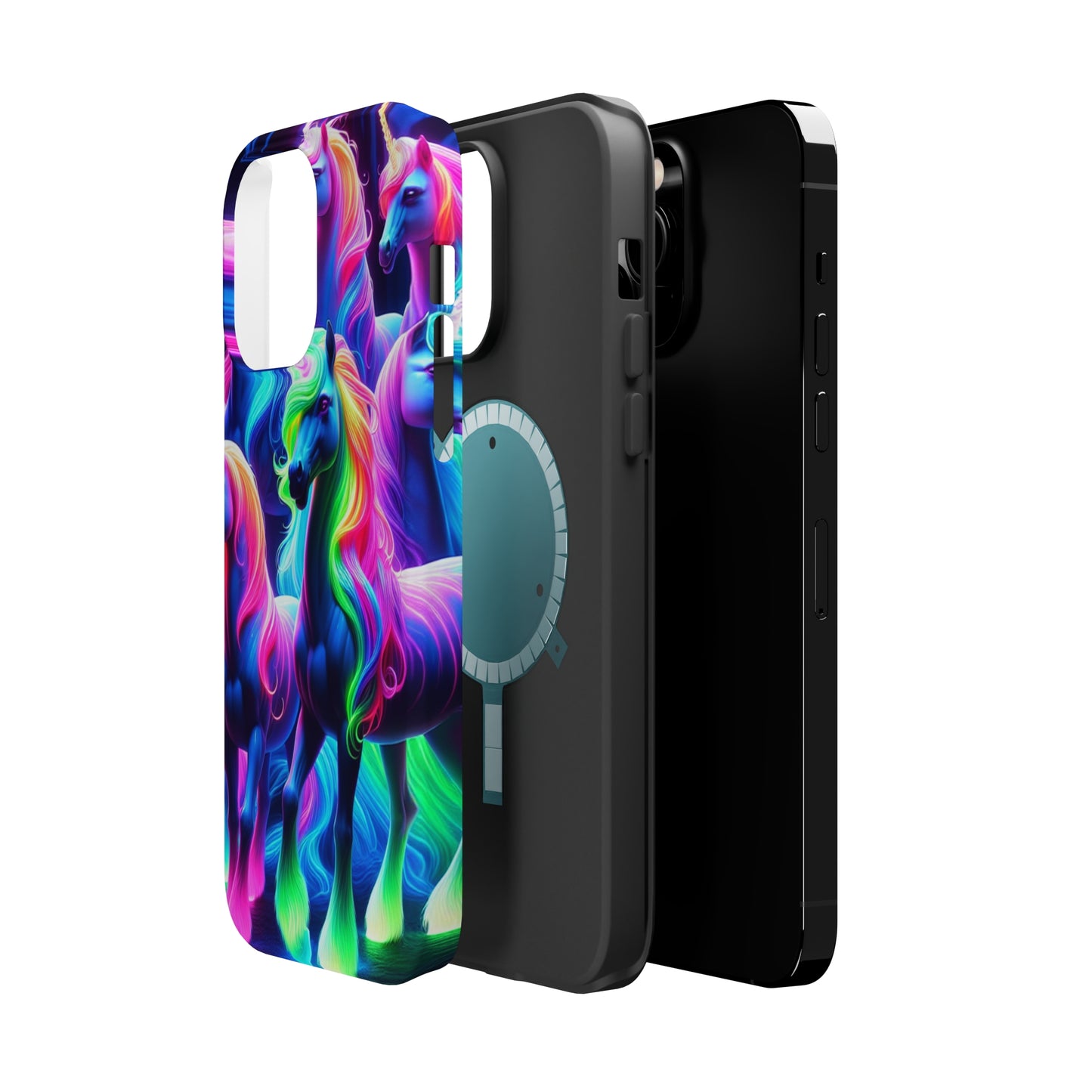 Neon Magic Skies - Unicorn Gang. Neon Unicorns Premium Art Magsafe Magnet Tough IPhone 13 14 15 Pro Plus Max and Mini in Matte and Glossy Phone cases