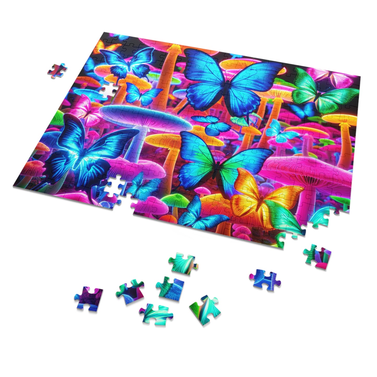 Neon Splendor. - Neon Butterflies and Mushrooms Puzzle 30, 110, 252, and 1000 Pieces