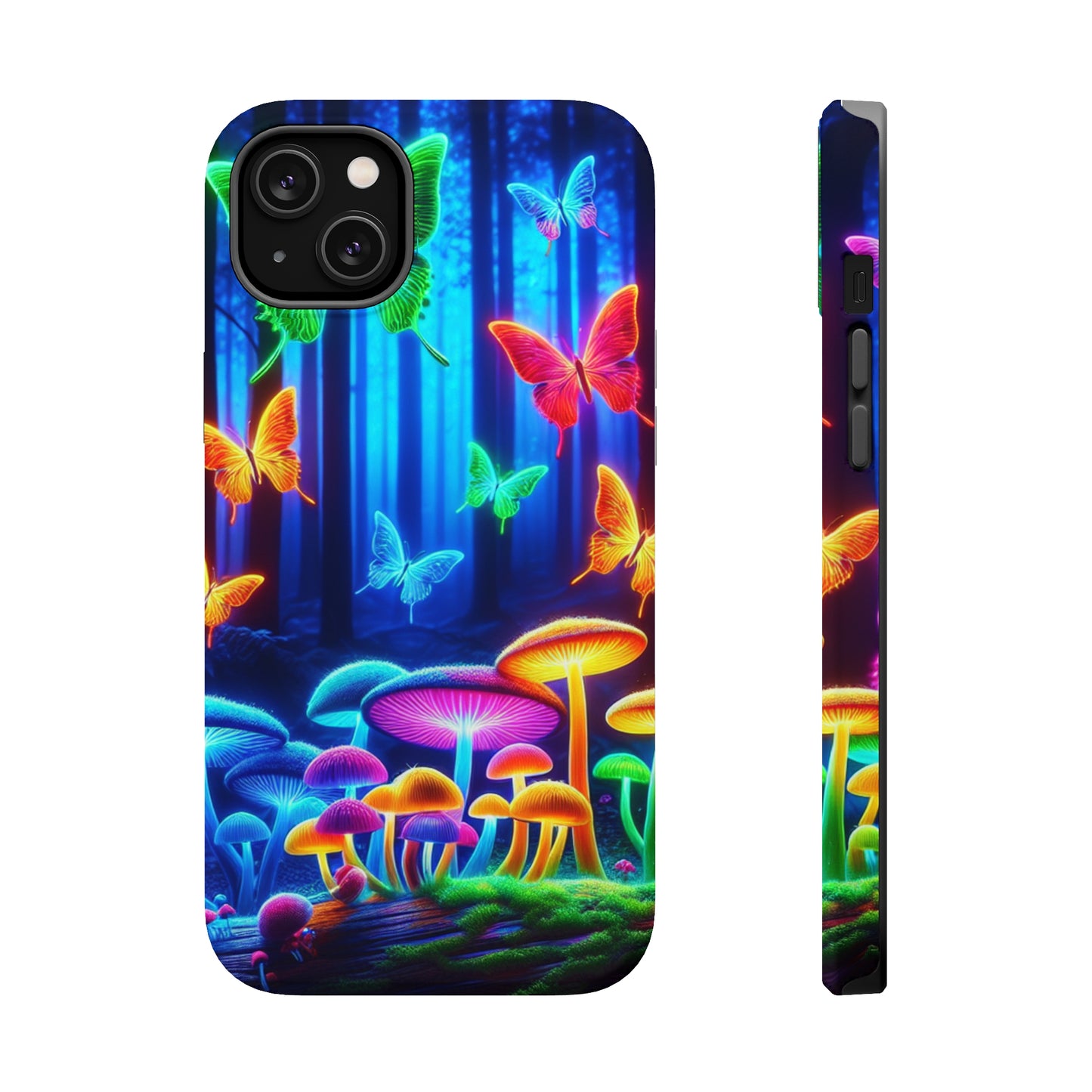 "Neon Garden Delight" Neon Butterflies and Mushrooms Premium Art Magsafe Magnet Tough IPhone 13 14 15 Pro Plus Max and Mini in Matte and Glossy Phone cases