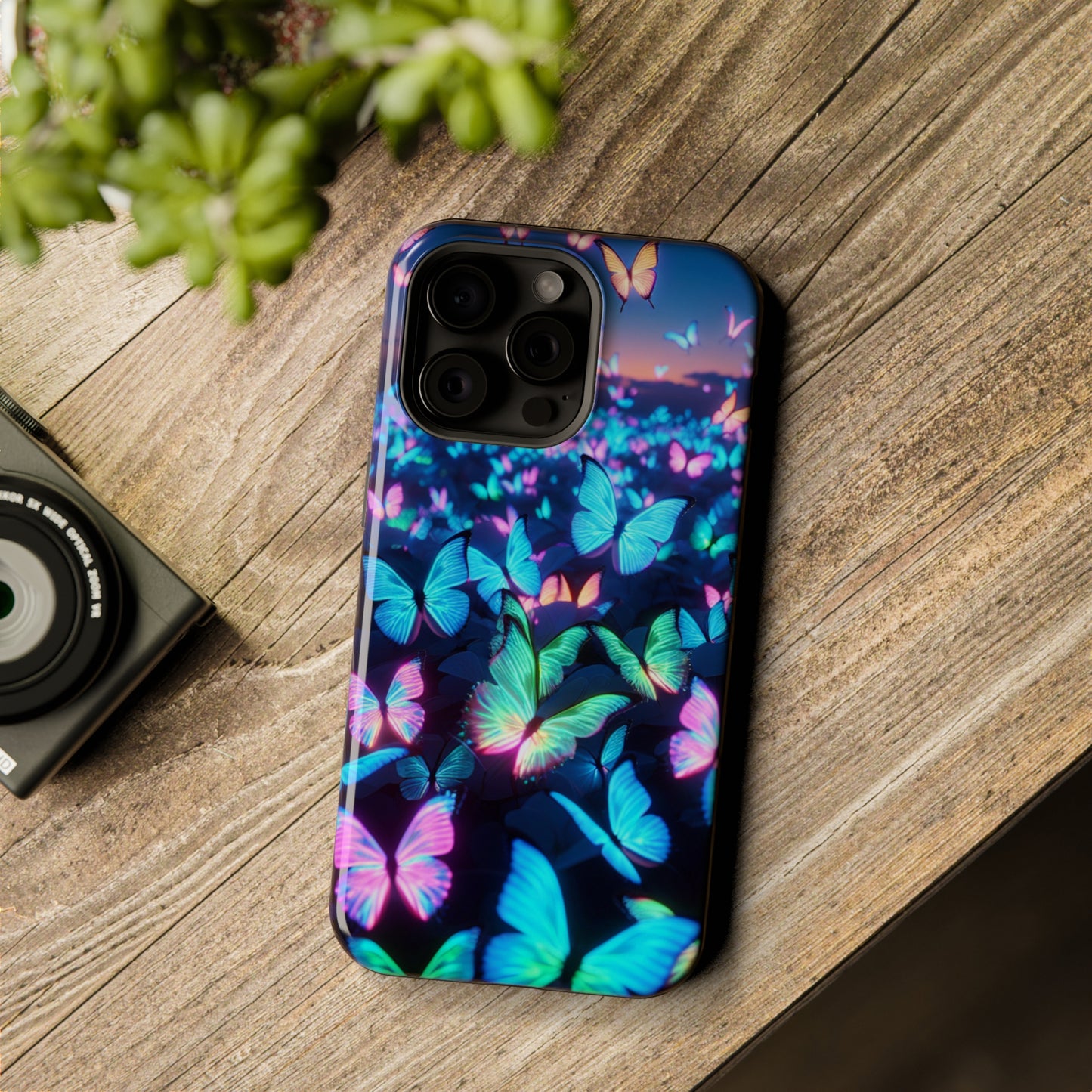 "Fantasia of Neon Butterflies" Neon Butterflies Premium Art Magsafe Magnet Tough IPhone 13 14 15 Pro Plus Max and Mini in Matte and Glossy Phone cases