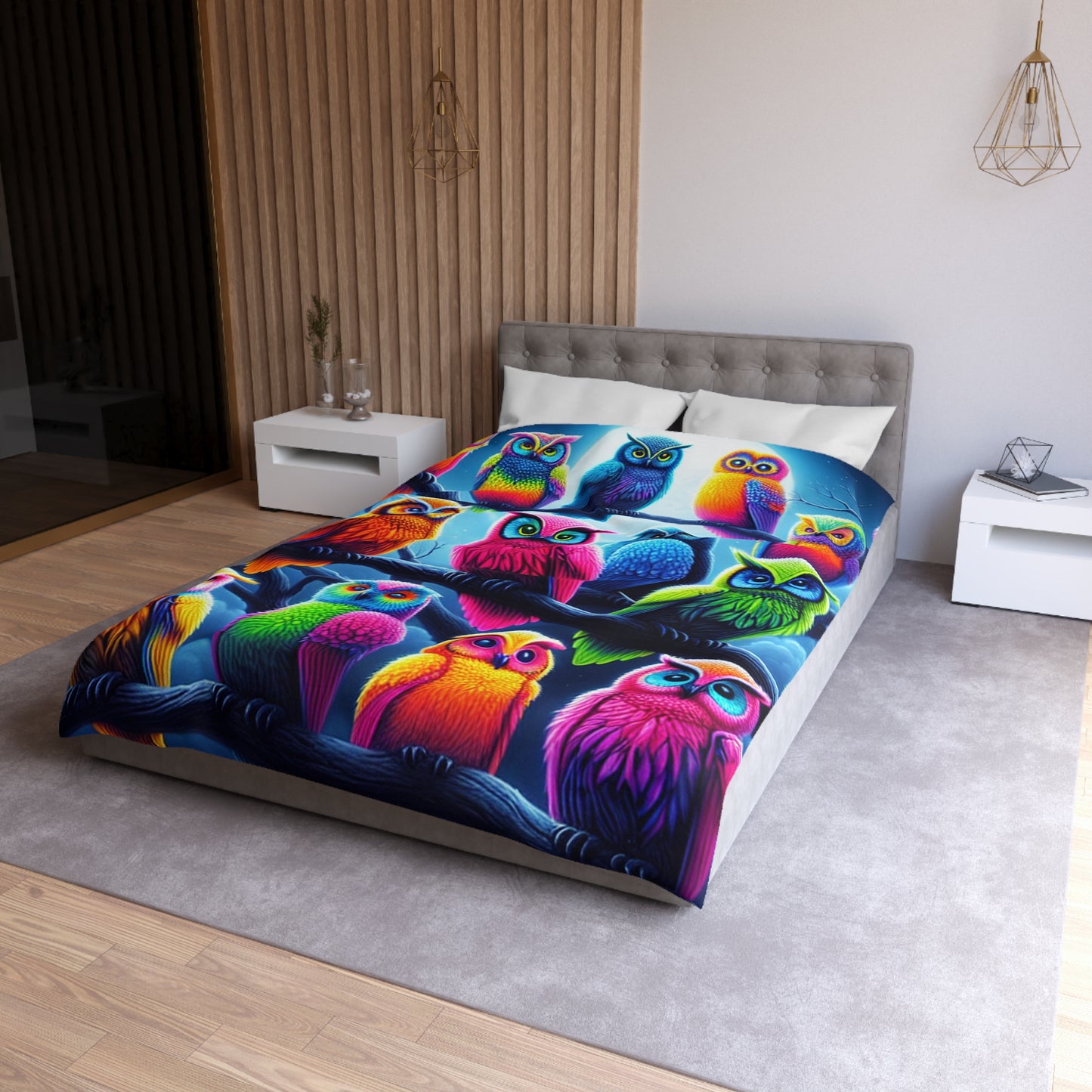 Felipeo da Pintorelli - NEON Owls Microfiber Duvet Cover