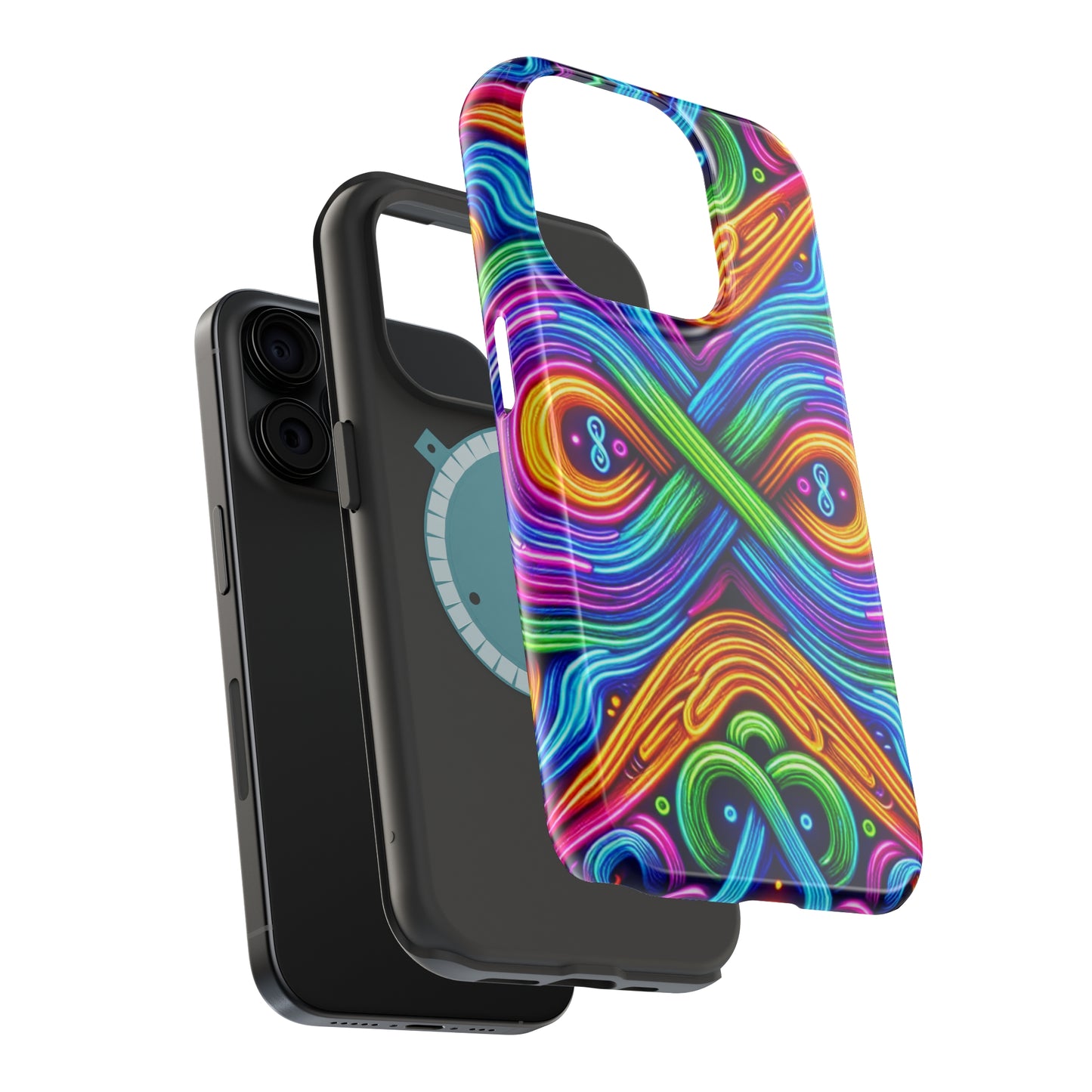Cosmic Neon Infinity Spectacular. Neon Trippy Infinity Patterns Premium Art Magsafe Magnet Tough IPhone 13 14 15 Pro Plus Max and Mini in Matte and Glossy Phone cases
