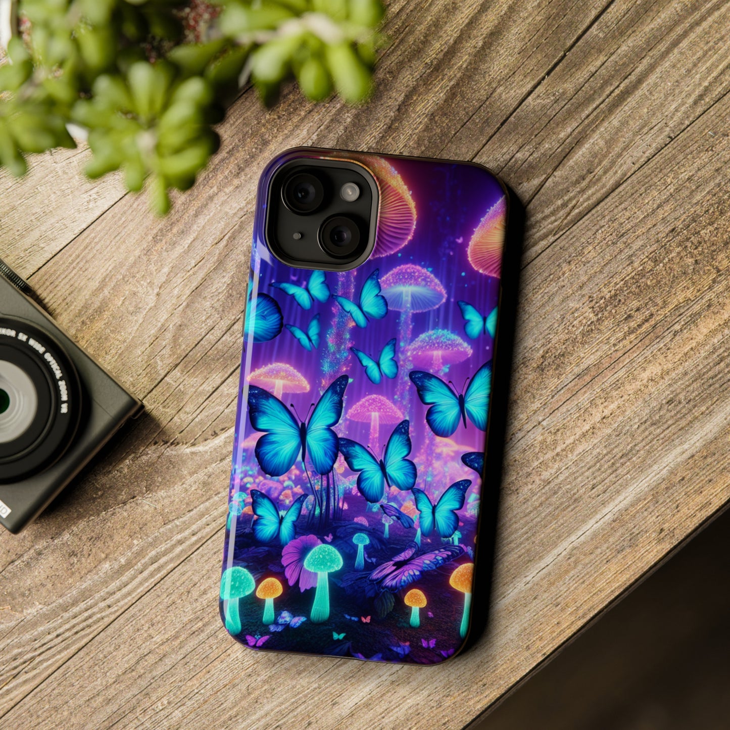 Neon Delight Landscape Neon Butterflies and Mushrooms Premium Art Magsafe Magnet Tough IPhone 13 14 15 Pro Plus Max and Mini in Matte and Glossy Phone cases
