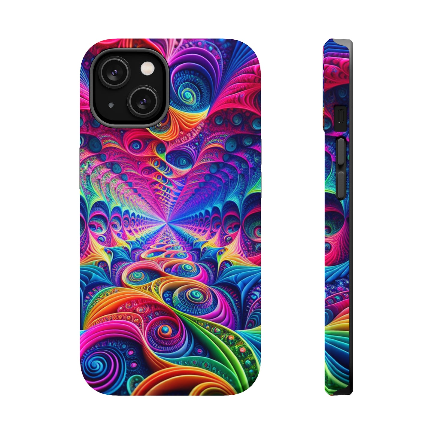 Cosmic Electric Rainbow Frenzy. Neon Trippy Infinity Patterns Premium Art Magsafe Magnet Tough IPhone 13 14 15 Pro Plus Max and Mini in Matte and Glossy Phone cases