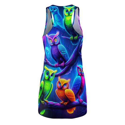 "Neon Nocturnal Feathered Friends" Neon Owls Racerback Dress