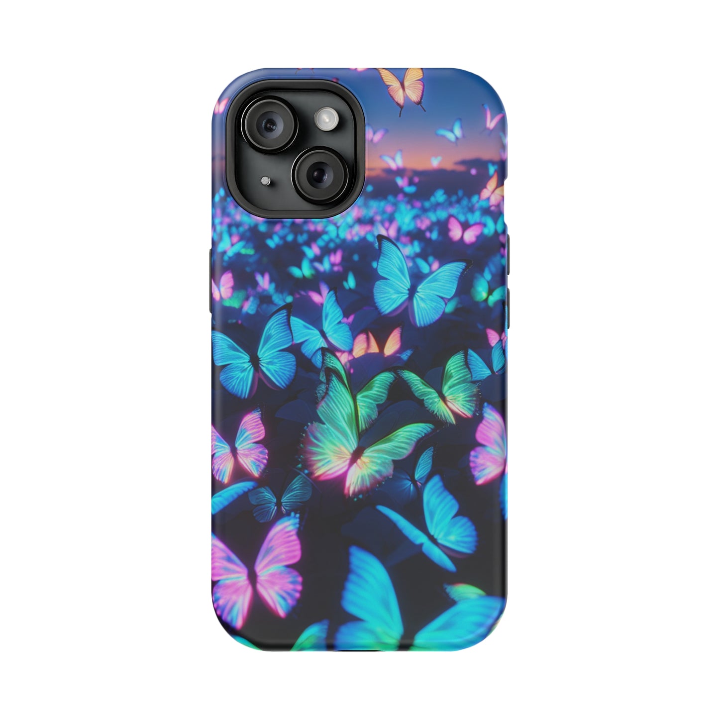 "Fantasia of Neon Butterflies" Neon Butterflies Premium Art Magsafe Magnet Tough IPhone 13 14 15 Pro Plus Max and Mini in Matte and Glossy Phone cases