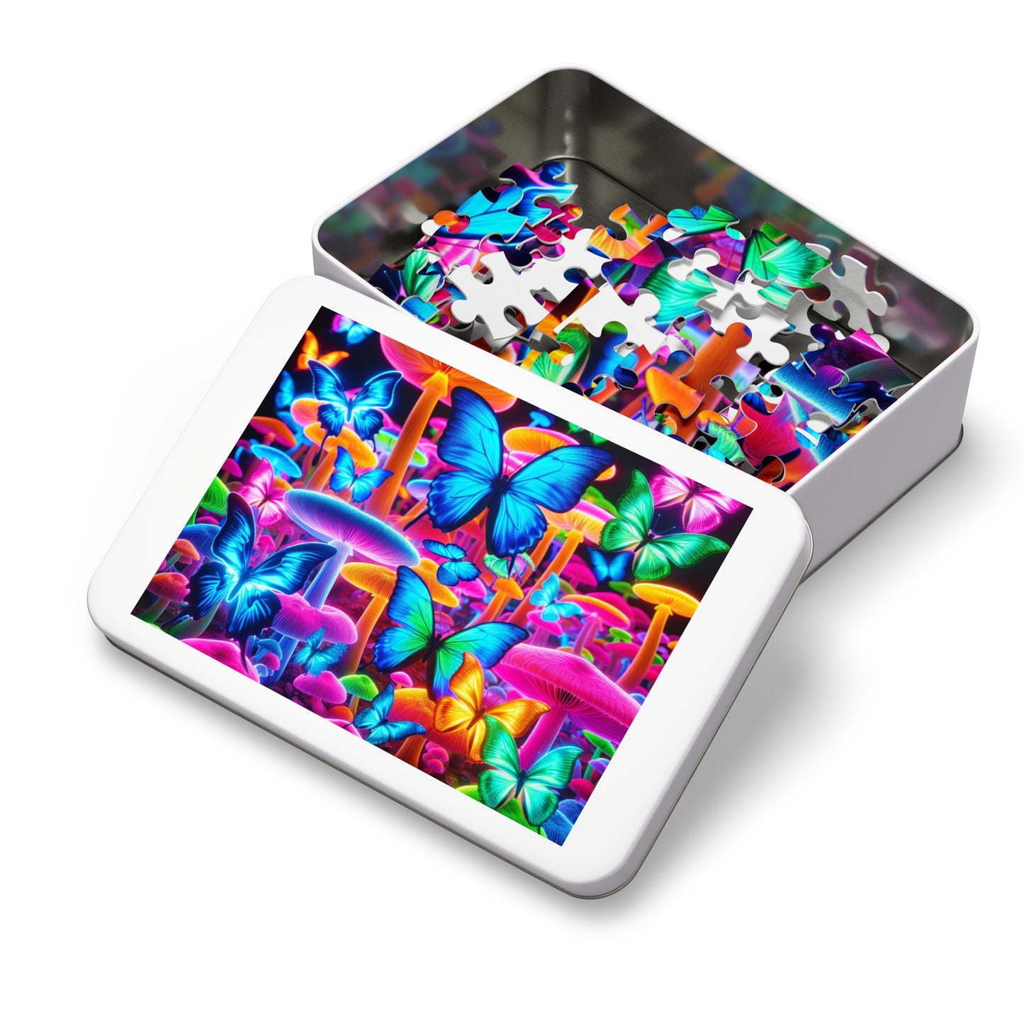 Neon Splendor. - Neon Butterflies and Mushrooms Puzzle 30, 110, 252, and 1000 Pieces