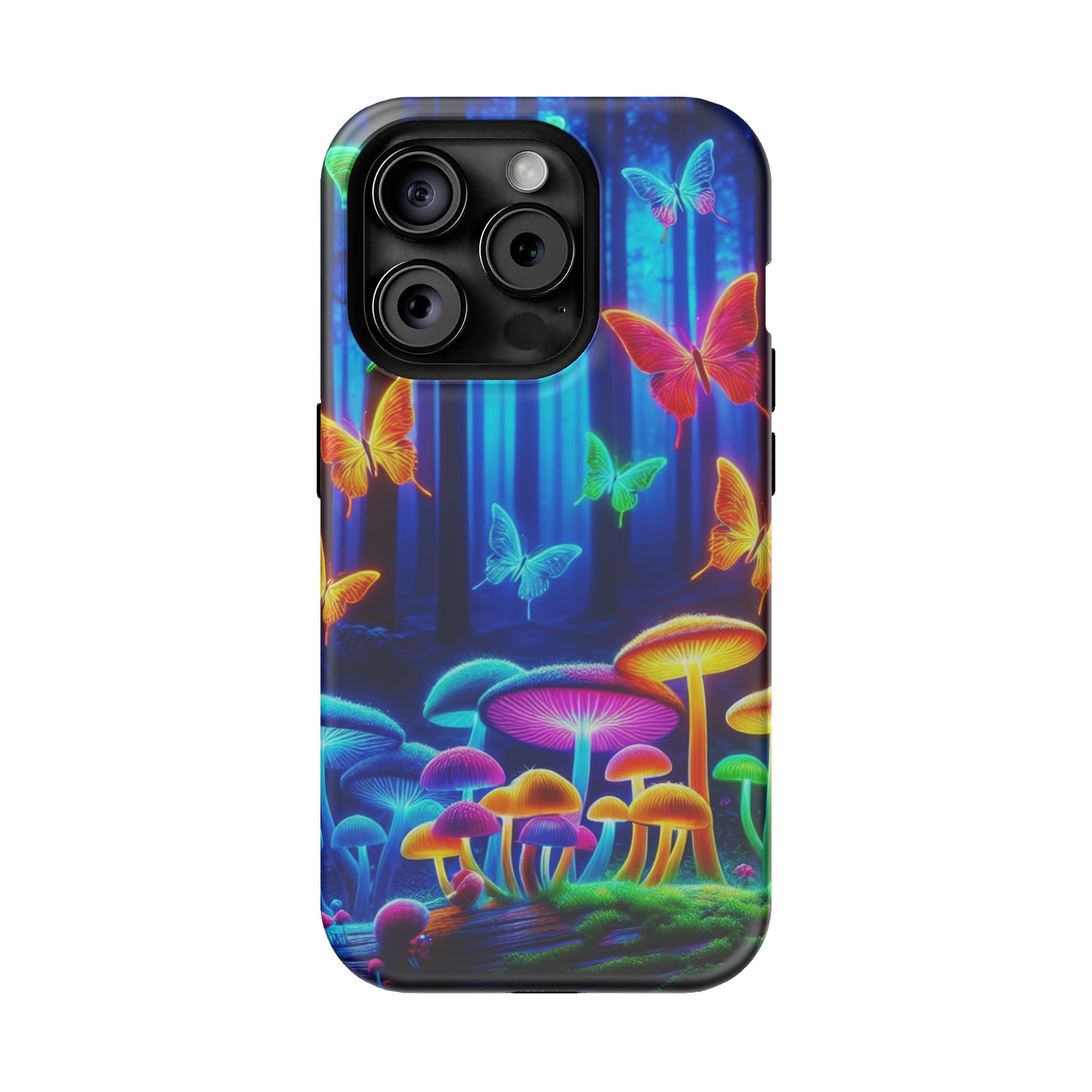 "Neon Garden Delight" Neon Butterflies and Mushrooms Premium Art Magsafe Magnet Tough IPhone 13 14 15 Pro Plus Max and Mini in Matte and Glossy Phone cases