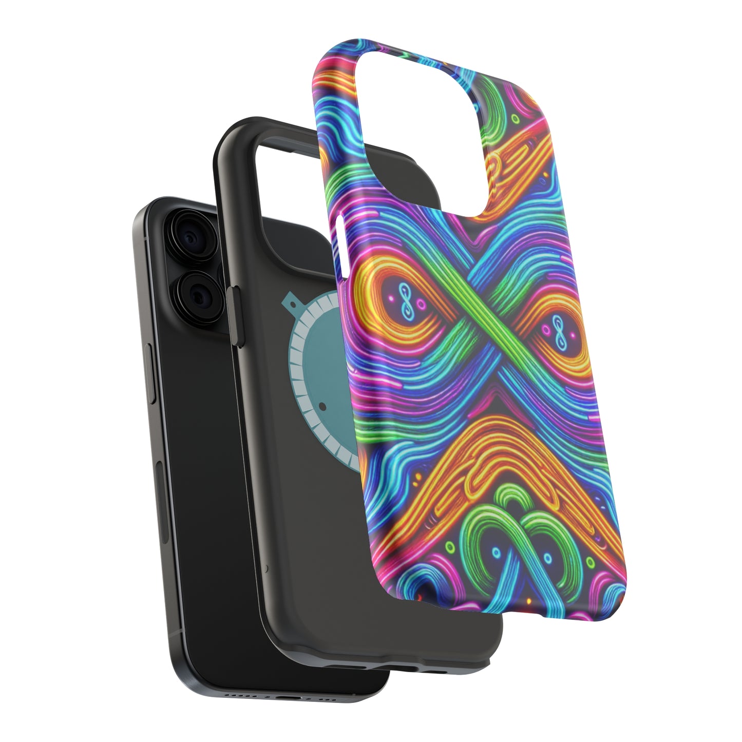 Cosmic Neon Infinity Spectacular. Neon Trippy Infinity Patterns Premium Art Magsafe Magnet Tough IPhone 13 14 15 Pro Plus Max and Mini in Matte and Glossy Phone cases