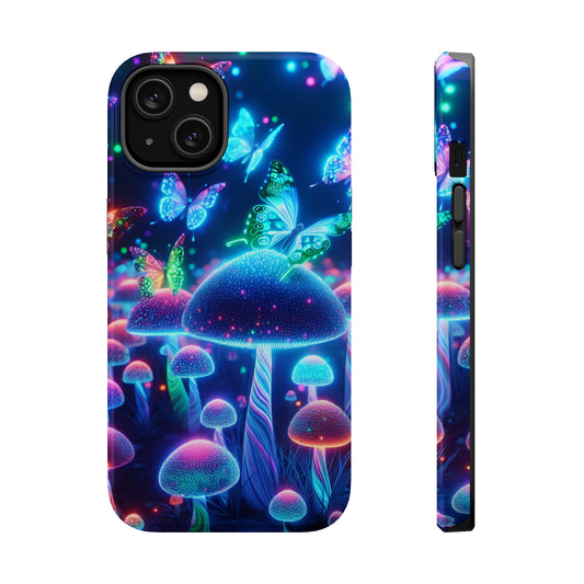 Neon Glitterbug Heaven. Neon Butterflies and Mushrooms Premium Art Magsafe Magnet Tough IPhone 13 14 15 Pro Plus Max and Mini in Matte and Glossy Phone cases