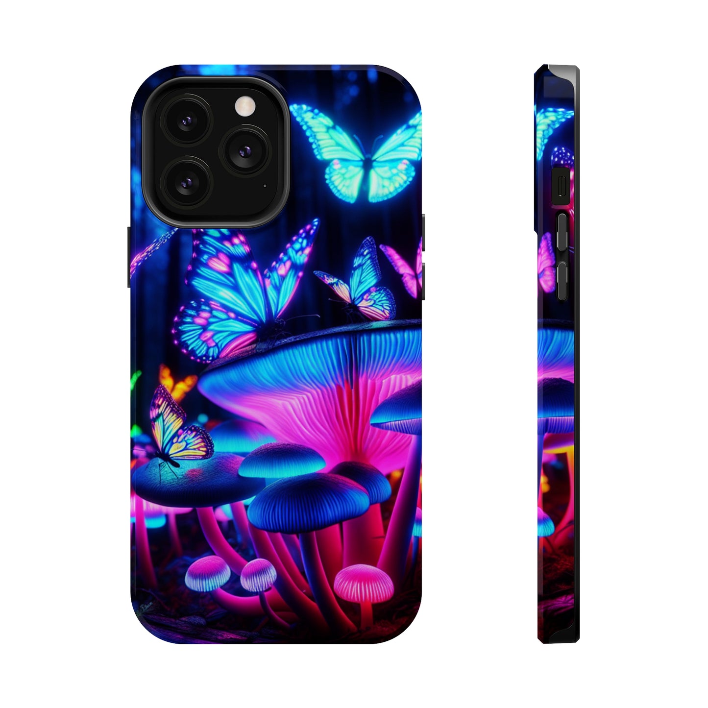 Neon Fantasy Garden Neon Butterflies and Mushrooms Premium Art Magsafe Magnet Tough IPhone 13 14 15 Pro Plus Max and Mini in Matte and Glossy Phone cases