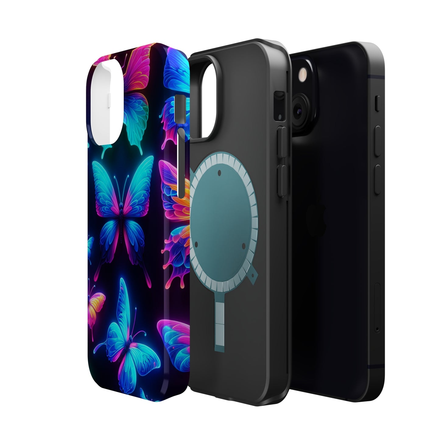 "Neon Flight Frenzy" Neon Butterflies Premium Art Magsafe Magnet Tough IPhone 13 14 15 Pro Plus Max and Mini in Matte and Glossy Phone cases