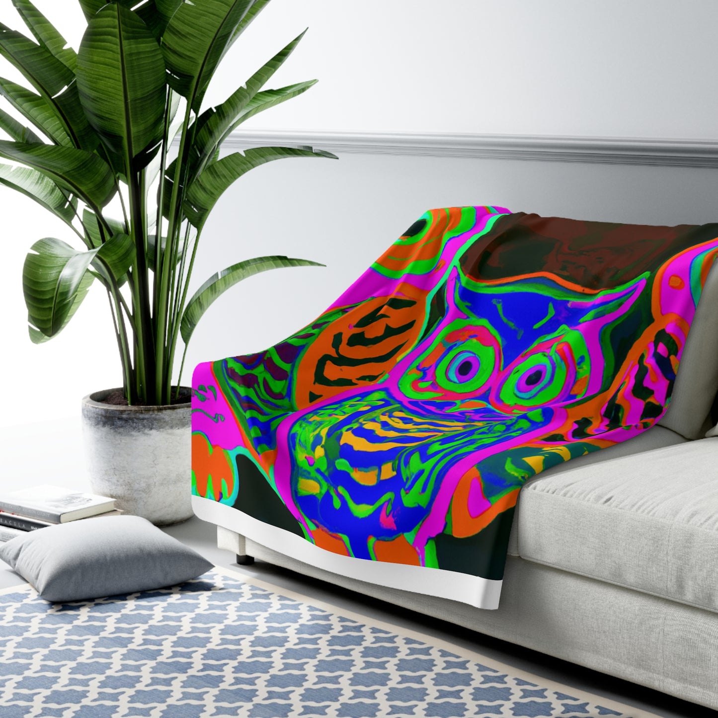 "Neon Nocturnal Night" - NEON Owls Art Sherpa Blanket