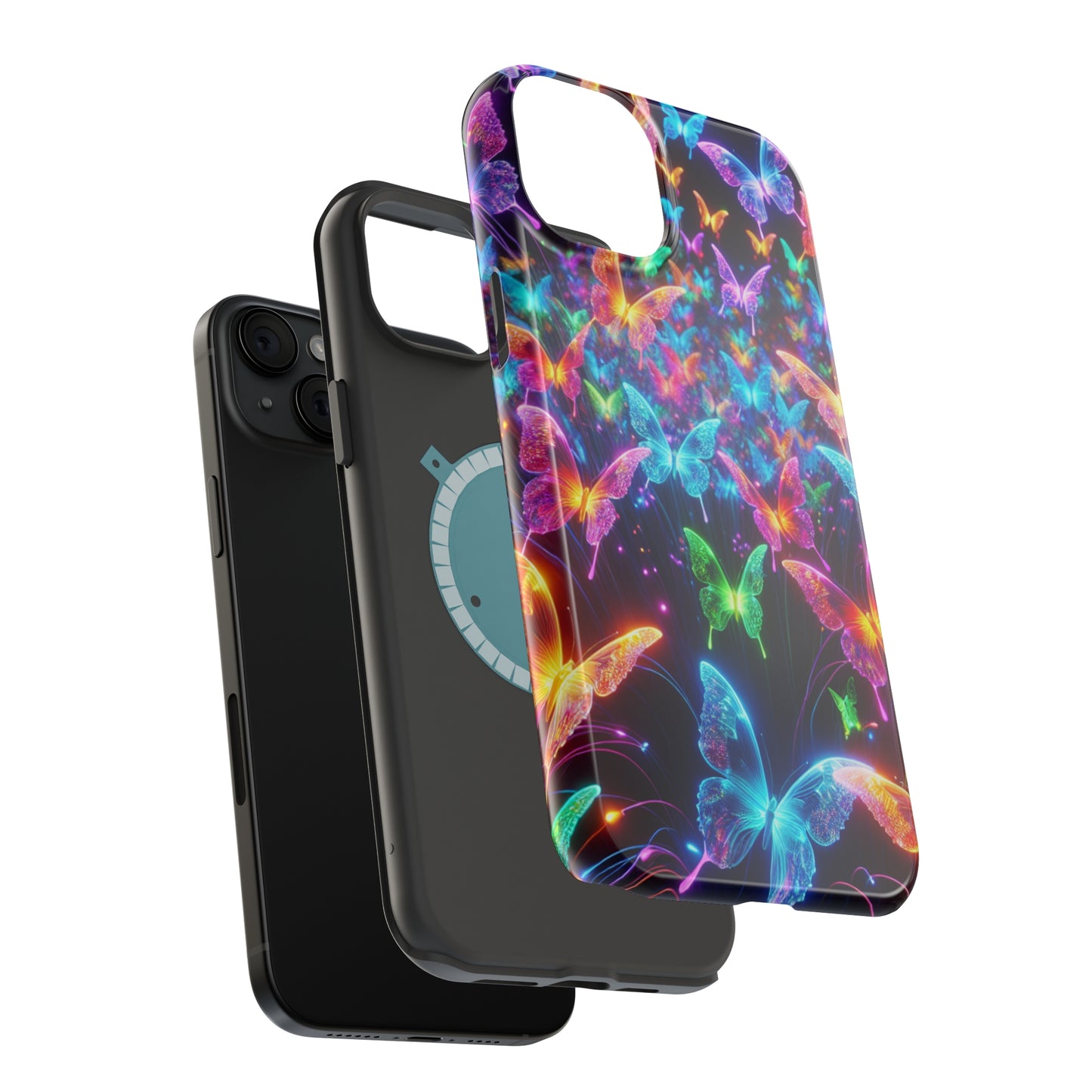 "Neon Flutterburst" Neon Butterflies Premium Art Magsafe Magnet Tough IPhone 13 14 15 Pro Plus Max and Mini in Matte and Glossy Phone cases