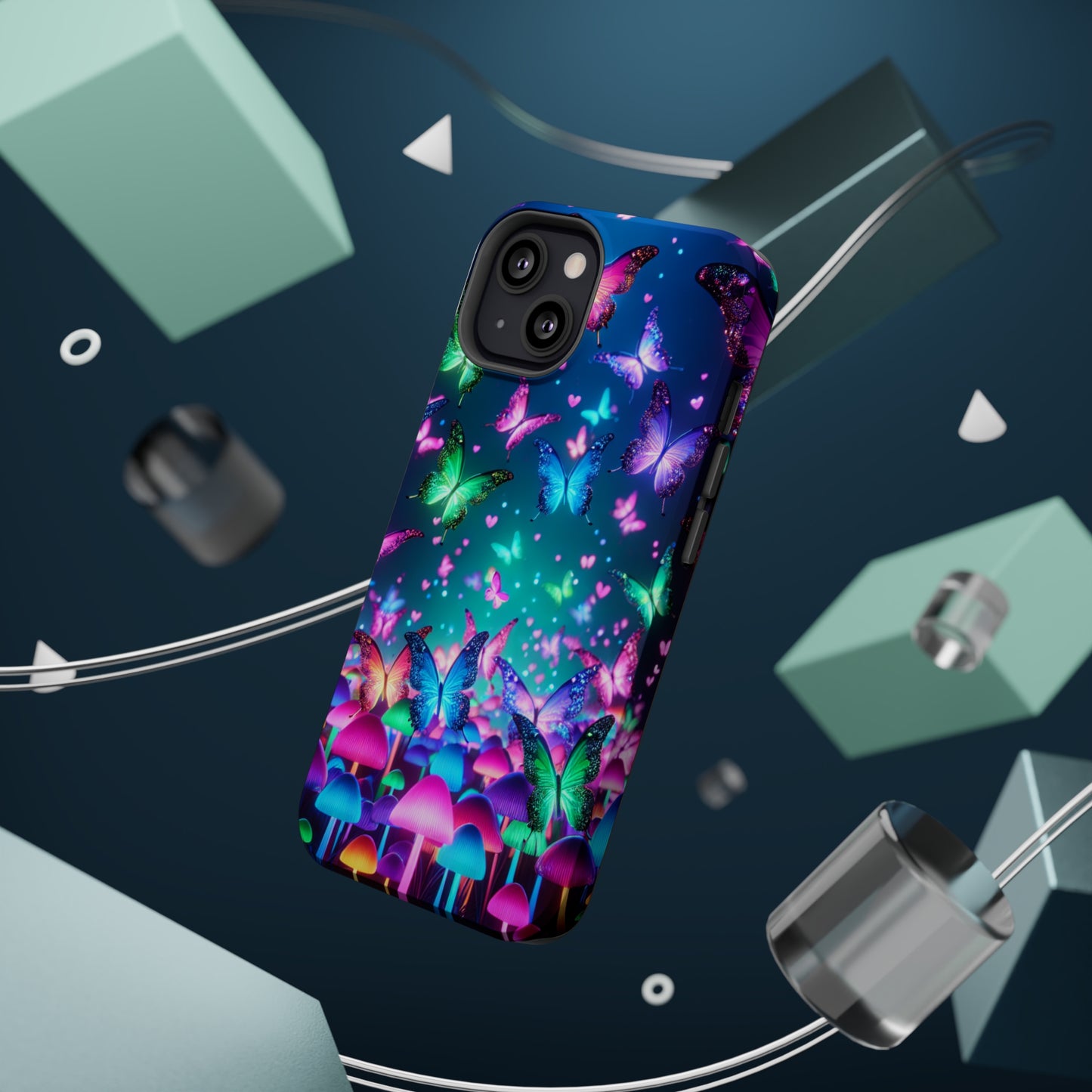 Neon Eden. Neon Butterflies and Mushrooms Premium Art Magsafe Magnet Tough IPhone 13 14 15 Pro Plus Max and Mini in Matte and Glossy Phone cases