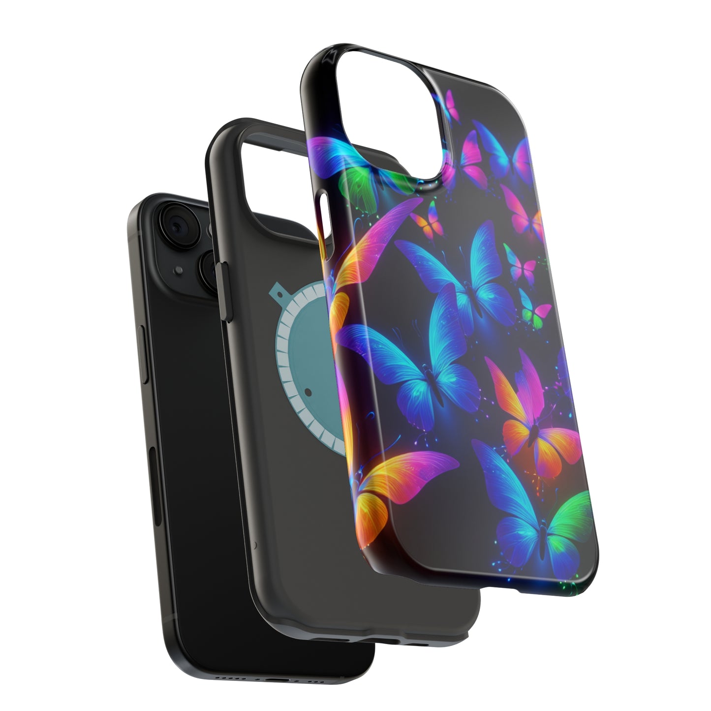 "Vibrant Neon Flutter" Neon Butterflies Premium Art Magsafe Magnet Tough IPhone 13 14 15 Pro Plus Max and Mini in Matte and Glossy Phone cases