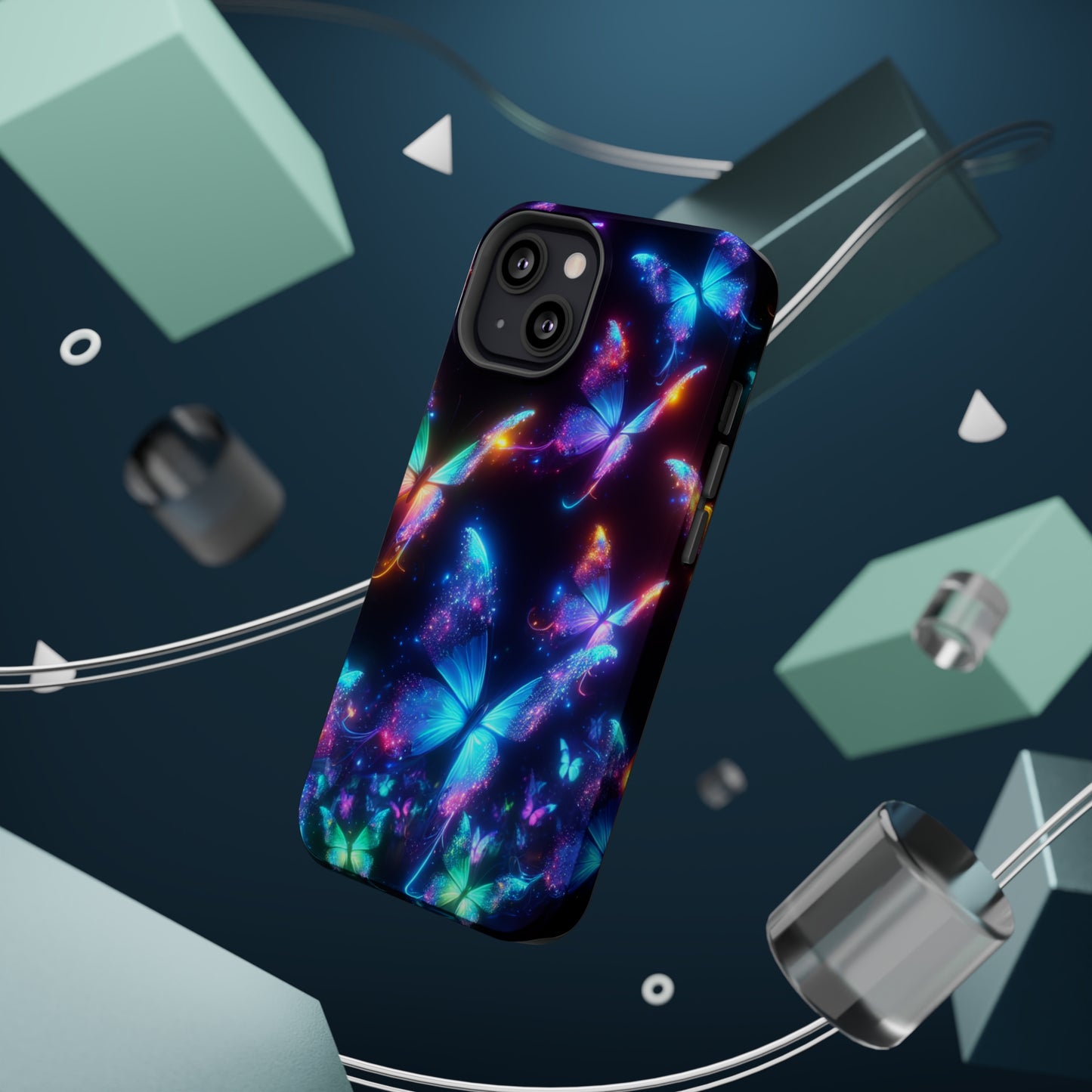 "Electrically Vivid Reverie" Neon Butterflies Premium Art Magsafe Magnet Tough IPhone 13 14 15 Pro Plus Max and Mini in Matte and Glossy Phone cases