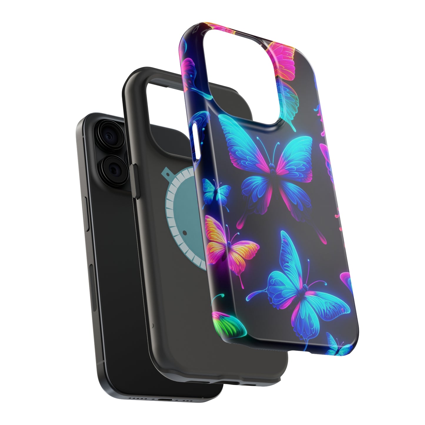 "Neon Flight Frenzy" Neon Butterflies Premium Art Magsafe Magnet Tough IPhone 13 14 15 Pro Plus Max and Mini in Matte and Glossy Phone cases