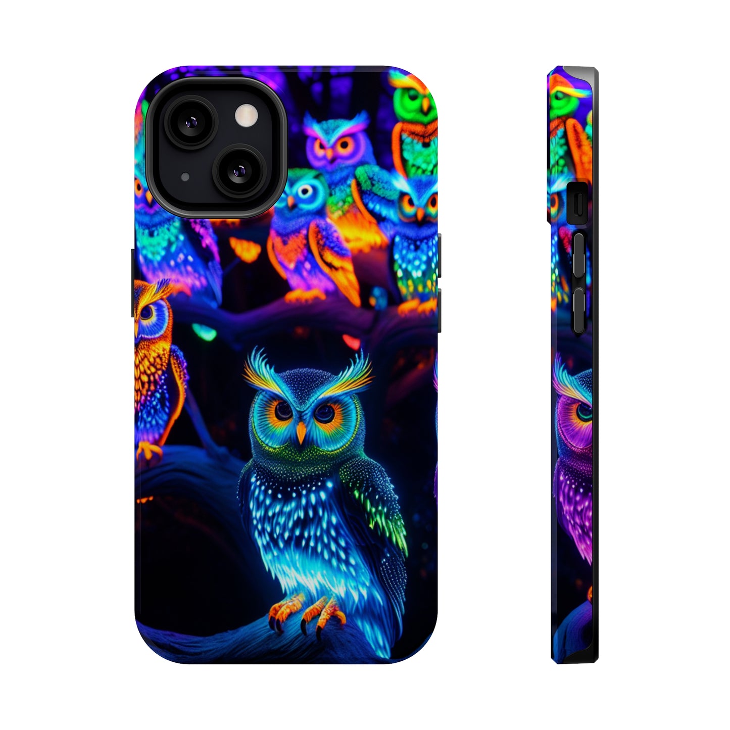 Glowing Neon Clan. Neon Owls Premium Art Magsafe Magnet Tough IPhone 13 14 15 Pro Plus Max and Mini in Matte and Glossy Phone cases