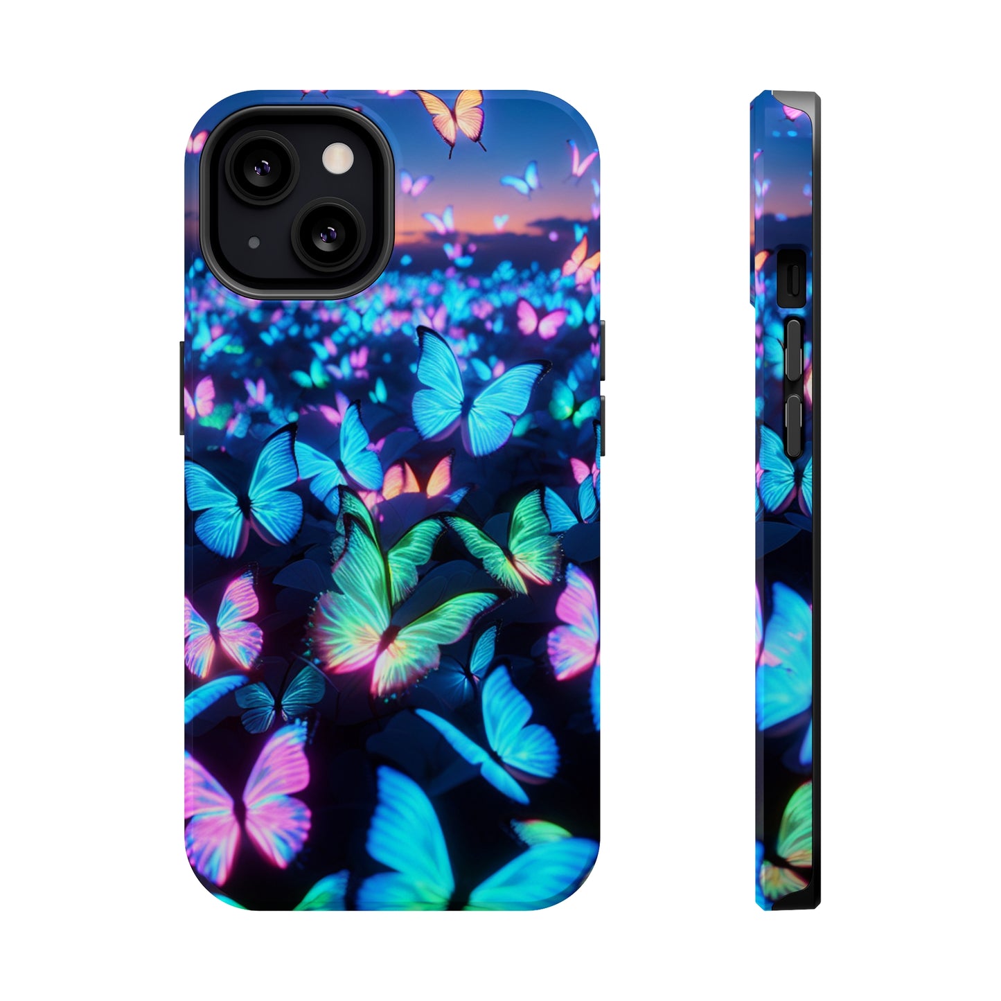 "Fantasia of Neon Butterflies" Neon Butterflies Premium Art Magsafe Magnet Tough IPhone 13 14 15 Pro Plus Max and Mini in Matte and Glossy Phone cases
