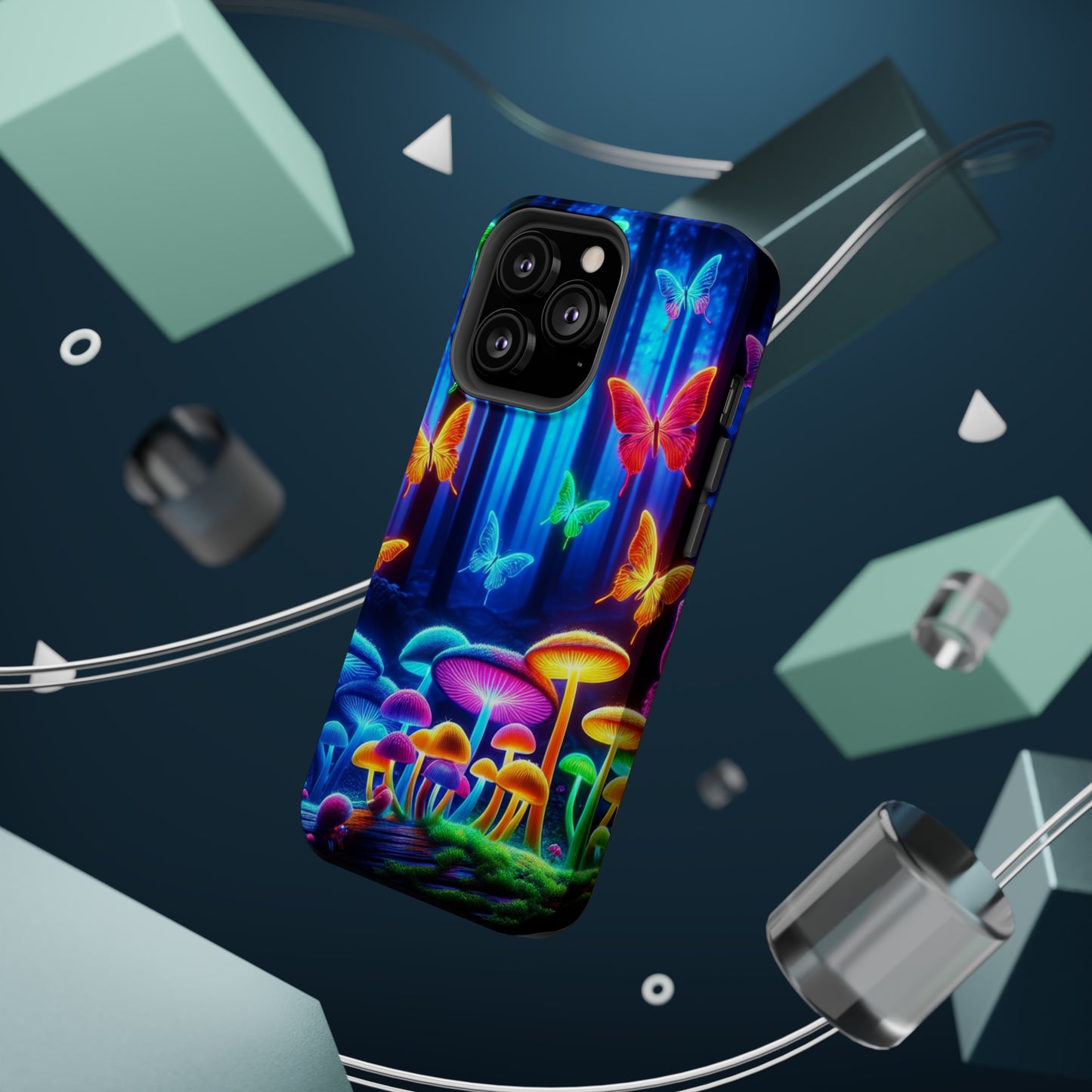 "Neon Garden Delight" Neon Butterflies and Mushrooms Premium Art Magsafe Magnet Tough IPhone 13 14 15 Pro Plus Max and Mini in Matte and Glossy Phone cases
