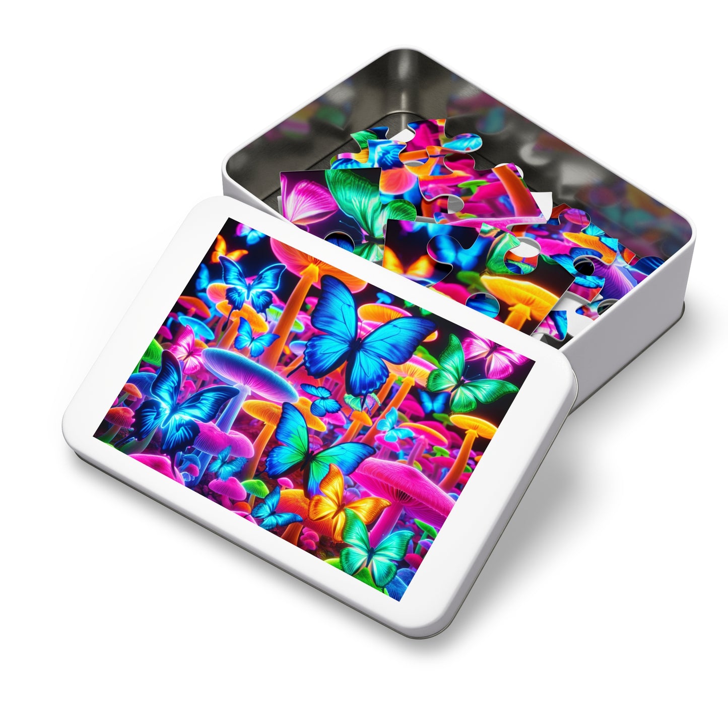 Neon Splendor. - Neon Butterflies and Mushrooms Puzzle 30, 110, 252, and 1000 Pieces