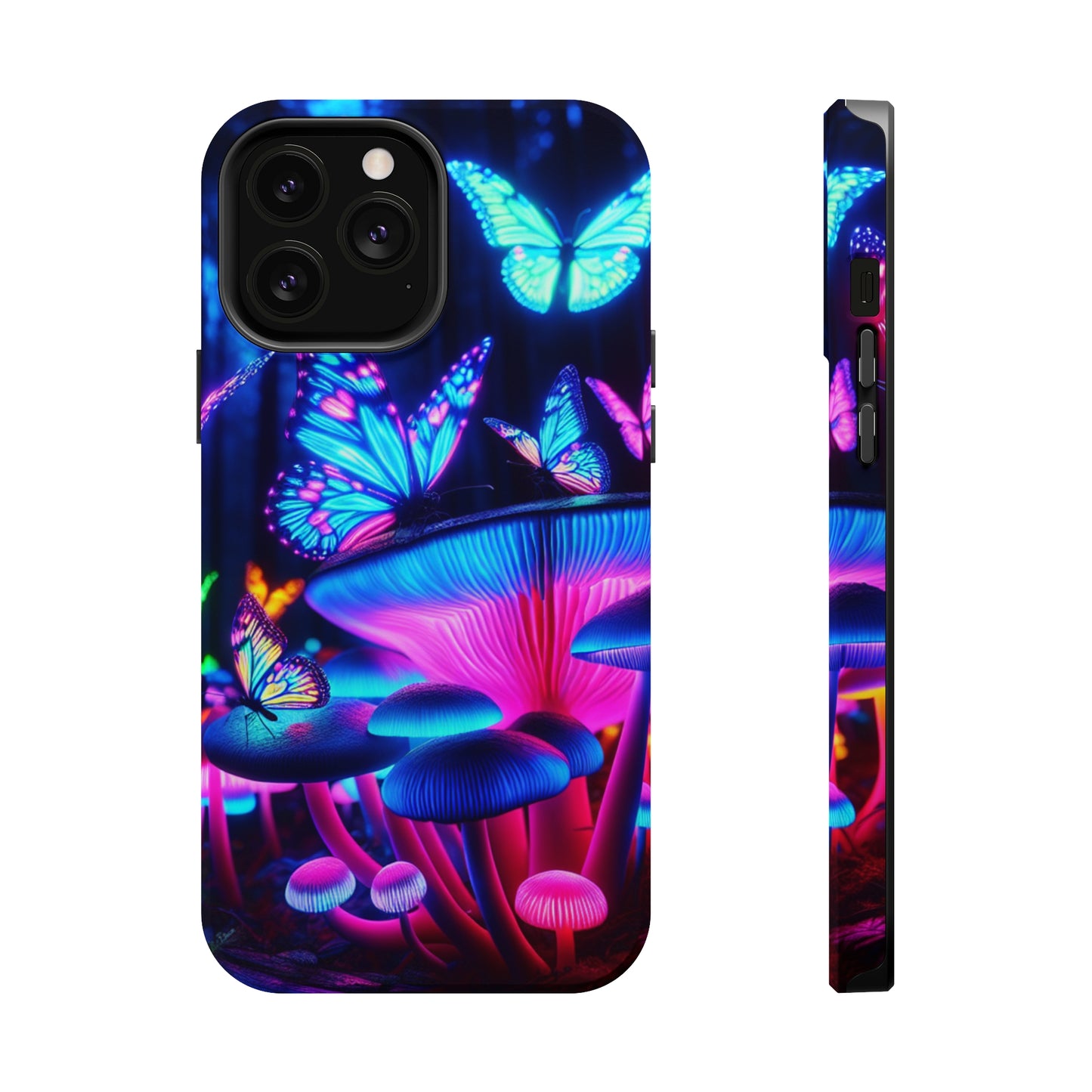 Neon Fantasy Garden Neon Butterflies and Mushrooms Premium Art Magsafe Magnet Tough IPhone 13 14 15 Pro Plus Max and Mini in Matte and Glossy Phone cases