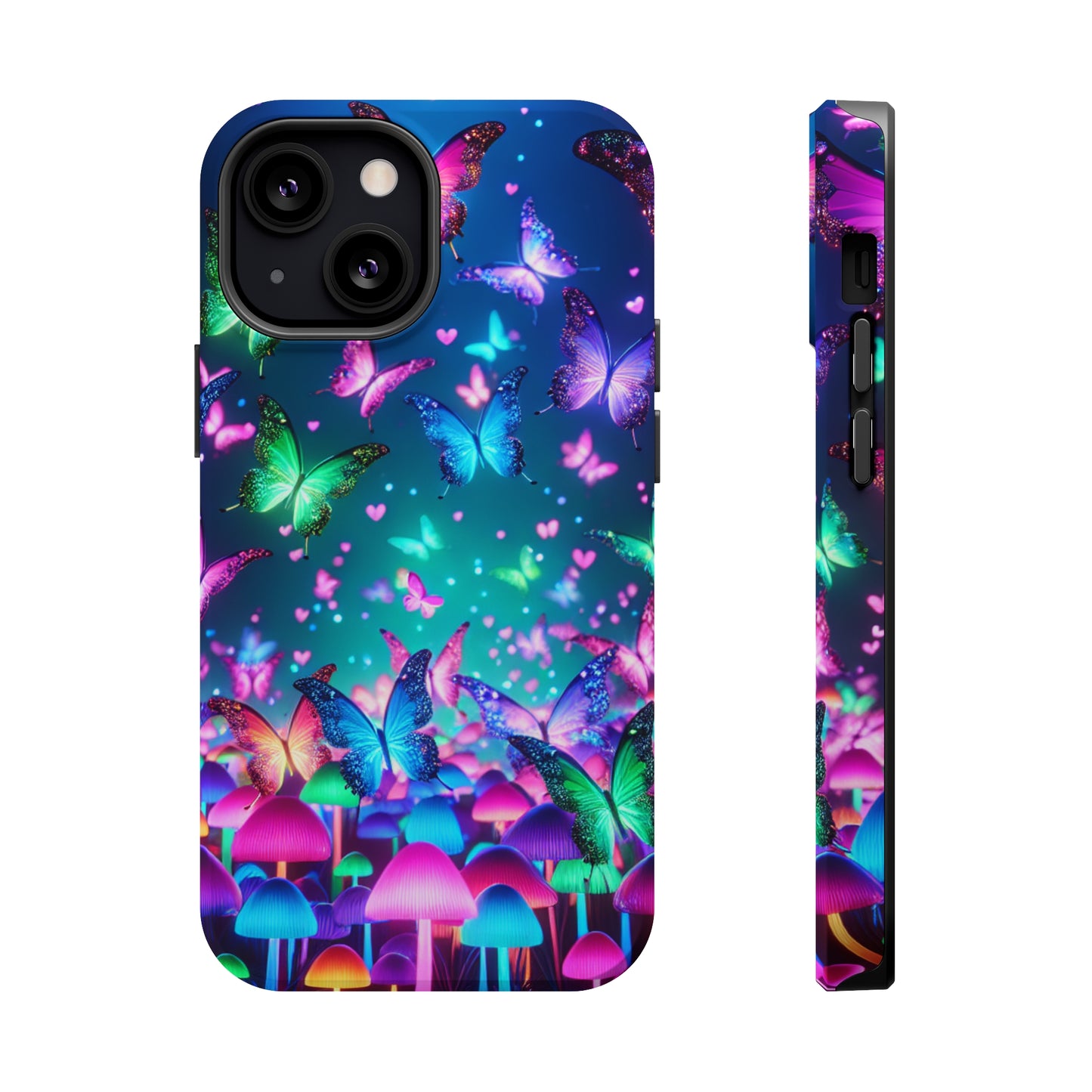 Neon Eden. Neon Butterflies and Mushrooms Premium Art Magsafe Magnet Tough IPhone 13 14 15 Pro Plus Max and Mini in Matte and Glossy Phone cases