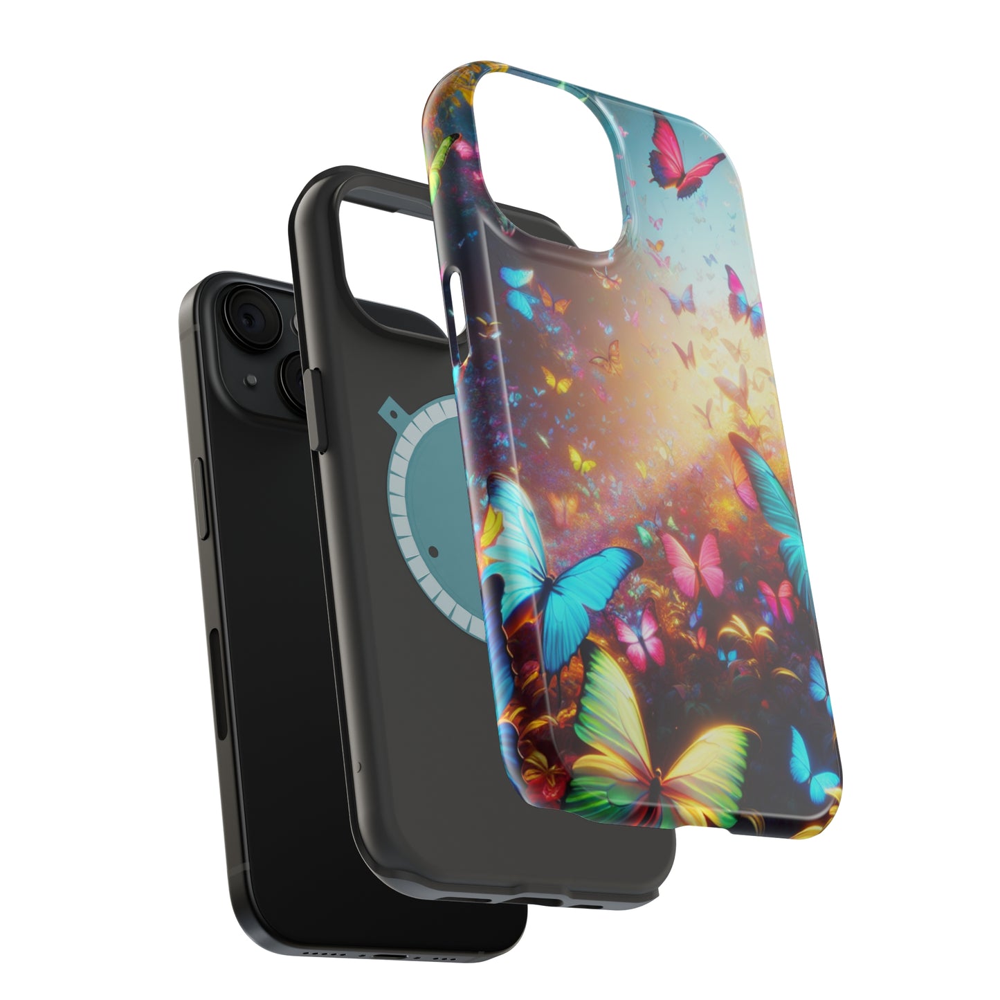 "Neon Butterfly Blooms" Neon Butterflies Premium Art Magsafe Magnet Tough IPhone 13 14 15 Pro Plus Max and Mini in Matte and Glossy Phone cases