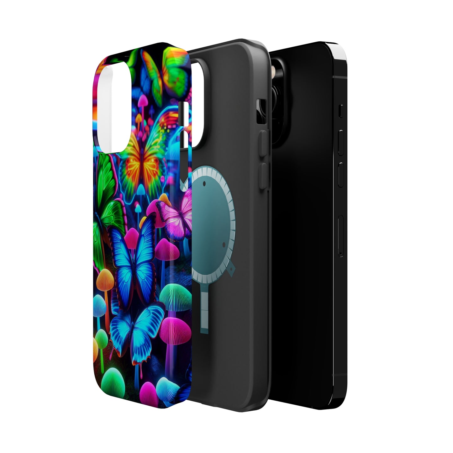 "Fantastic Fruition" Neon Butterflies and Mushrooms Premium Art Magsafe Magnet Tough IPhone 13 14 15 Pro Plus Max and Mini in Matte and Glossy Phone cases