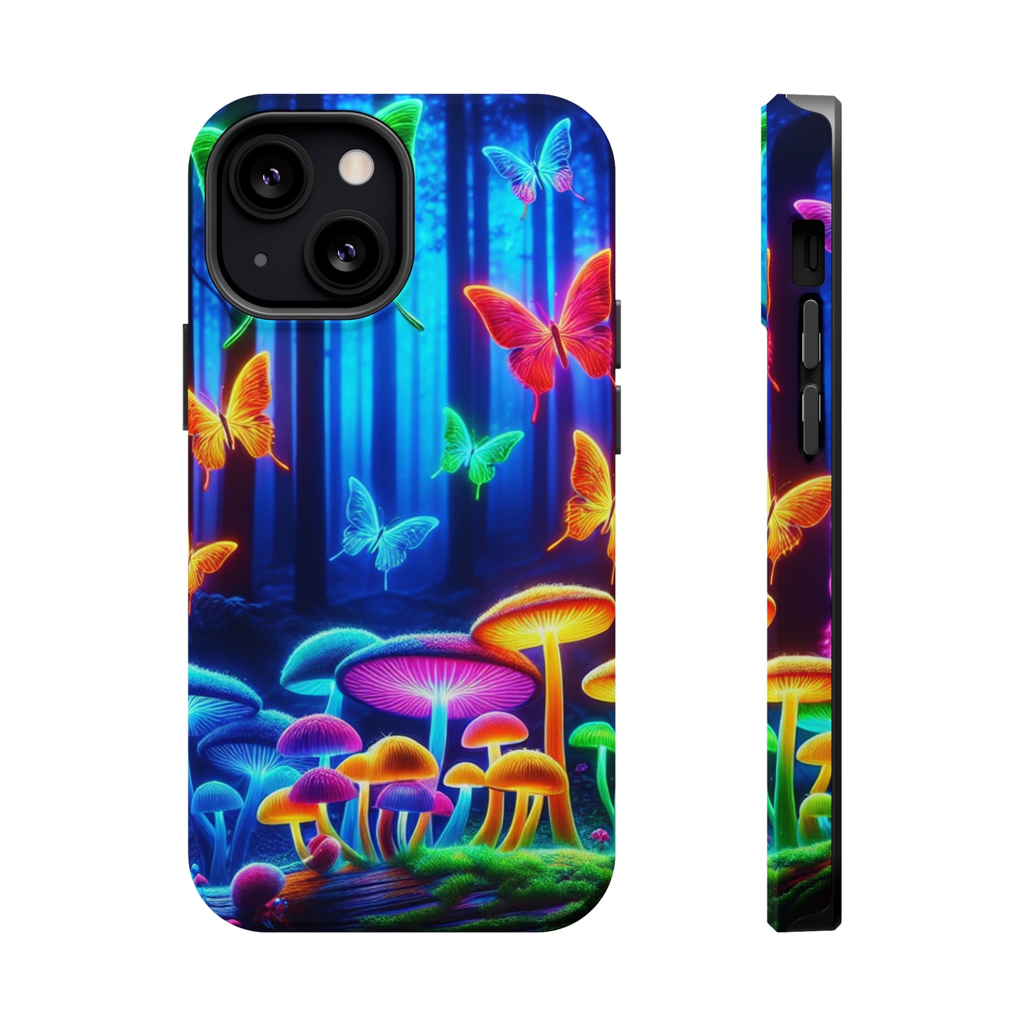 "Neon Garden Delight" Neon Butterflies and Mushrooms Premium Art Magsafe Magnet Tough IPhone 13 14 15 Pro Plus Max and Mini in Matte and Glossy Phone cases
