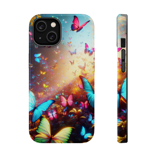 "Neon Butterfly Blooms" Neon Butterflies Premium Art Magsafe Magnet Tough IPhone 13 14 15 Pro Plus Max and Mini in Matte and Glossy Phone cases