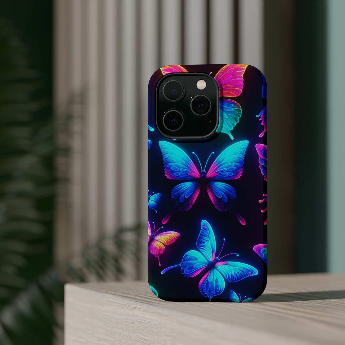 "Neon Flight Frenzy" Neon Butterflies Premium Art Magsafe Magnet Tough IPhone 13 14 15 Pro Plus Max and Mini in Matte and Glossy Phone cases