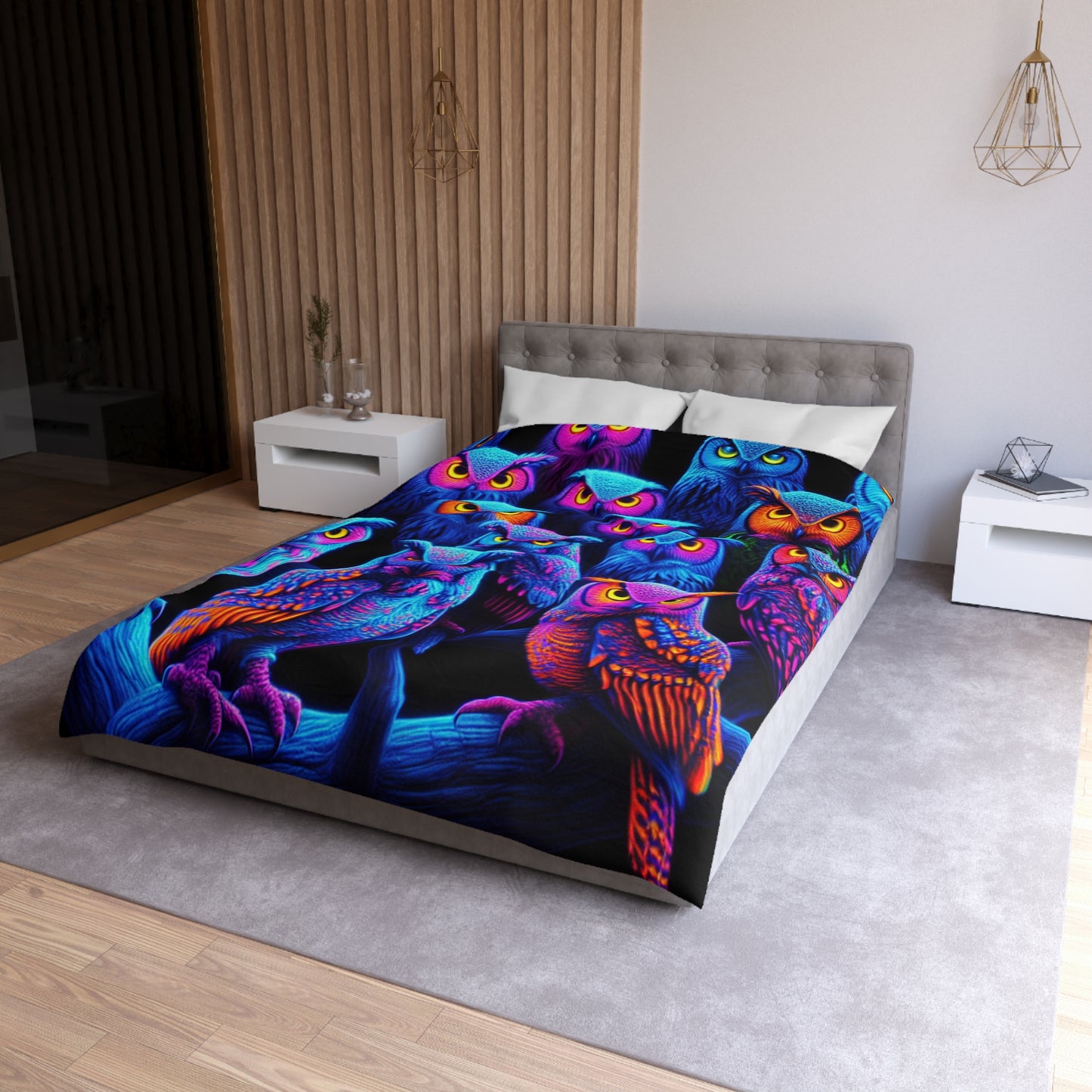 Carlo Gentile - NEON Owls Microfiber Duvet Cover