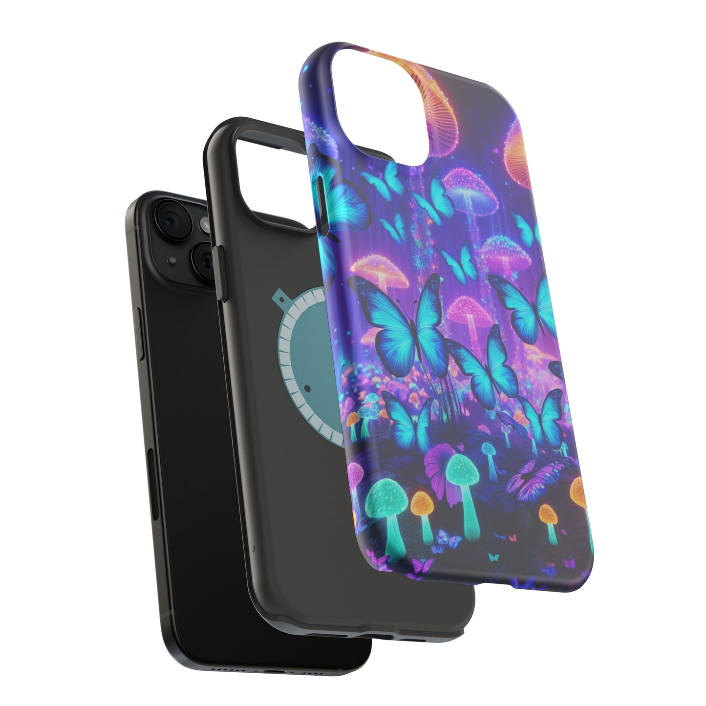 Neon Delight Landscape Neon Butterflies and Mushrooms Premium Art Magsafe Magnet Tough IPhone 13 14 15 Pro Plus Max and Mini in Matte and Glossy Phone cases
