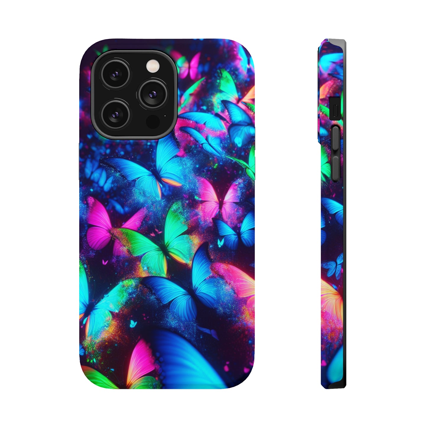 "Neon Flutterglow" Neon Butterflies Premium Art Magsafe Magnet Tough IPhone 13 14 15 Pro Plus Max and Mini in Matte and Glossy Phone cases