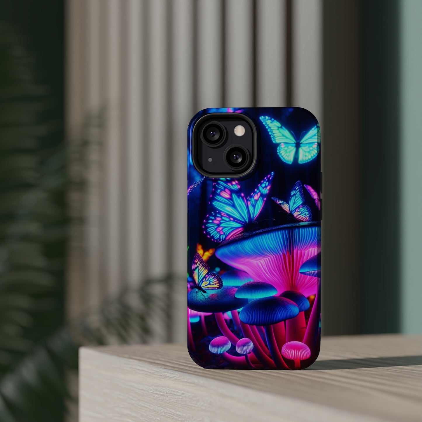 Neon Fantasy Garden Neon Butterflies and Mushrooms Premium Art Magsafe Magnet Tough IPhone 13 14 15 Pro Plus Max and Mini in Matte and Glossy Phone cases