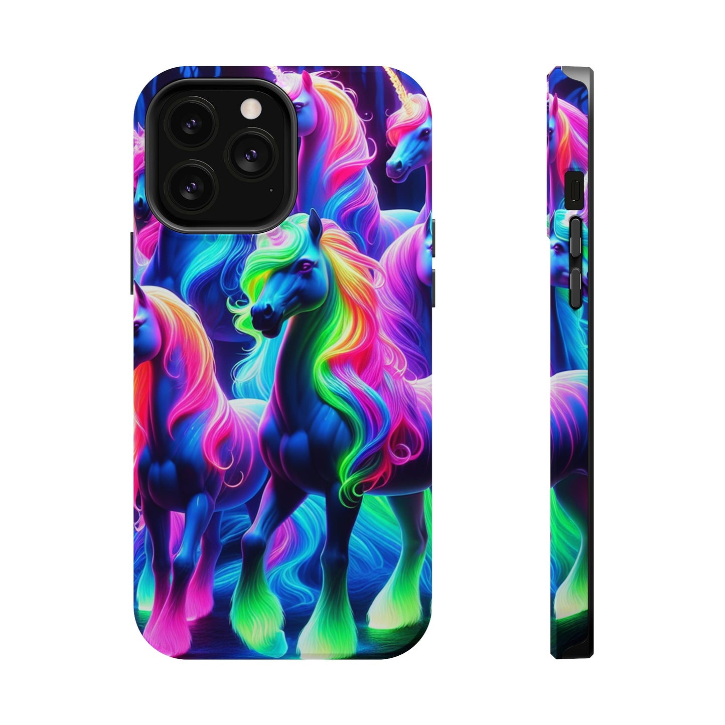 Neon Magic Skies - Unicorn Gang. Neon Unicorns Premium Art Magsafe Magnet Tough IPhone 13 14 15 Pro Plus Max and Mini in Matte and Glossy Phone cases