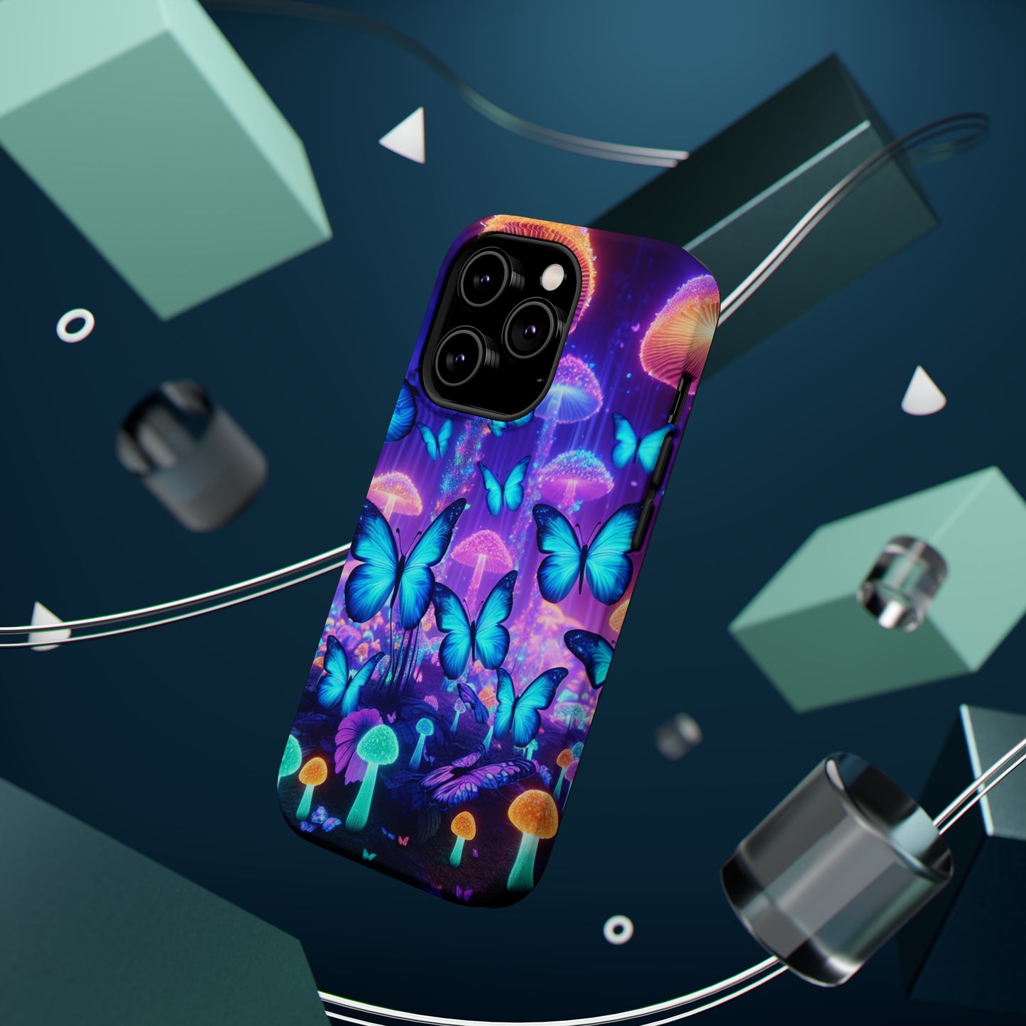 Neon Delight Landscape Neon Butterflies and Mushrooms Premium Art Magsafe Magnet Tough IPhone 13 14 15 Pro Plus Max and Mini in Matte and Glossy Phone cases
