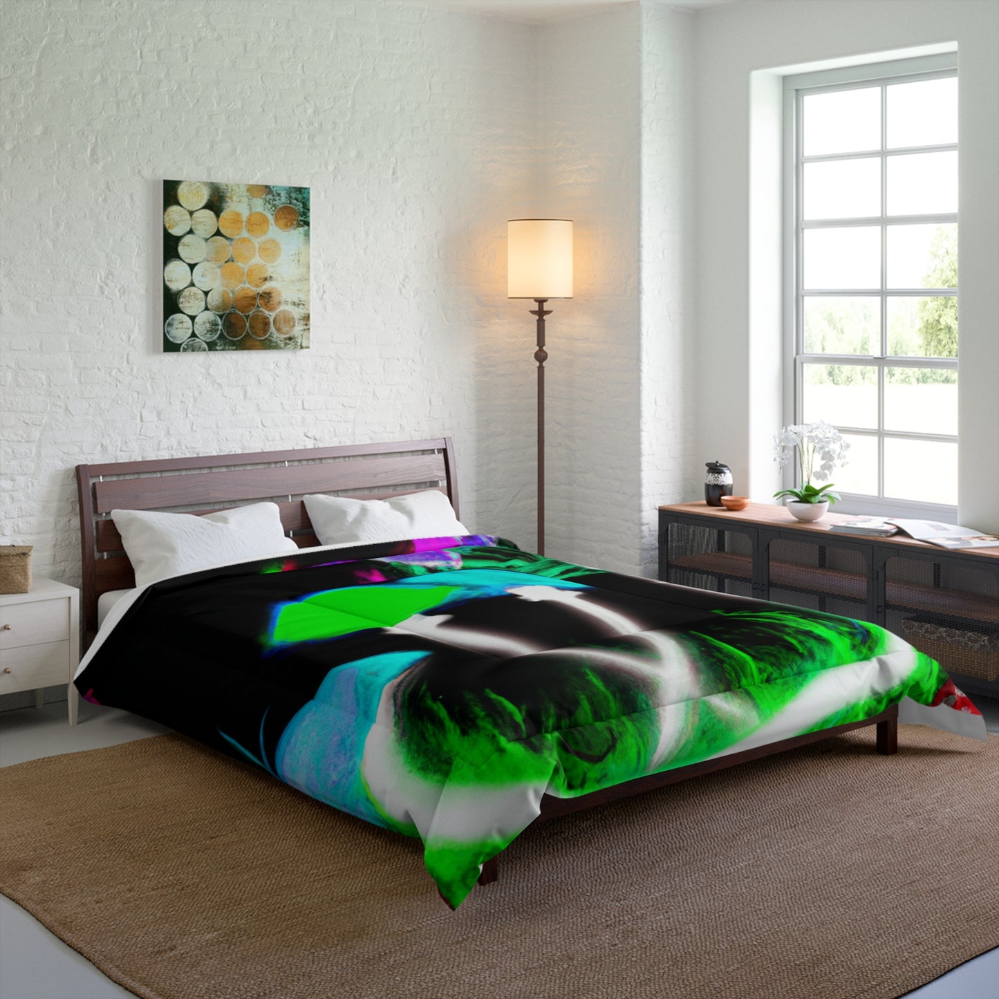 "Vibrant Neon Fantasy". Butterflies & Mushrooms Comforter Blanket