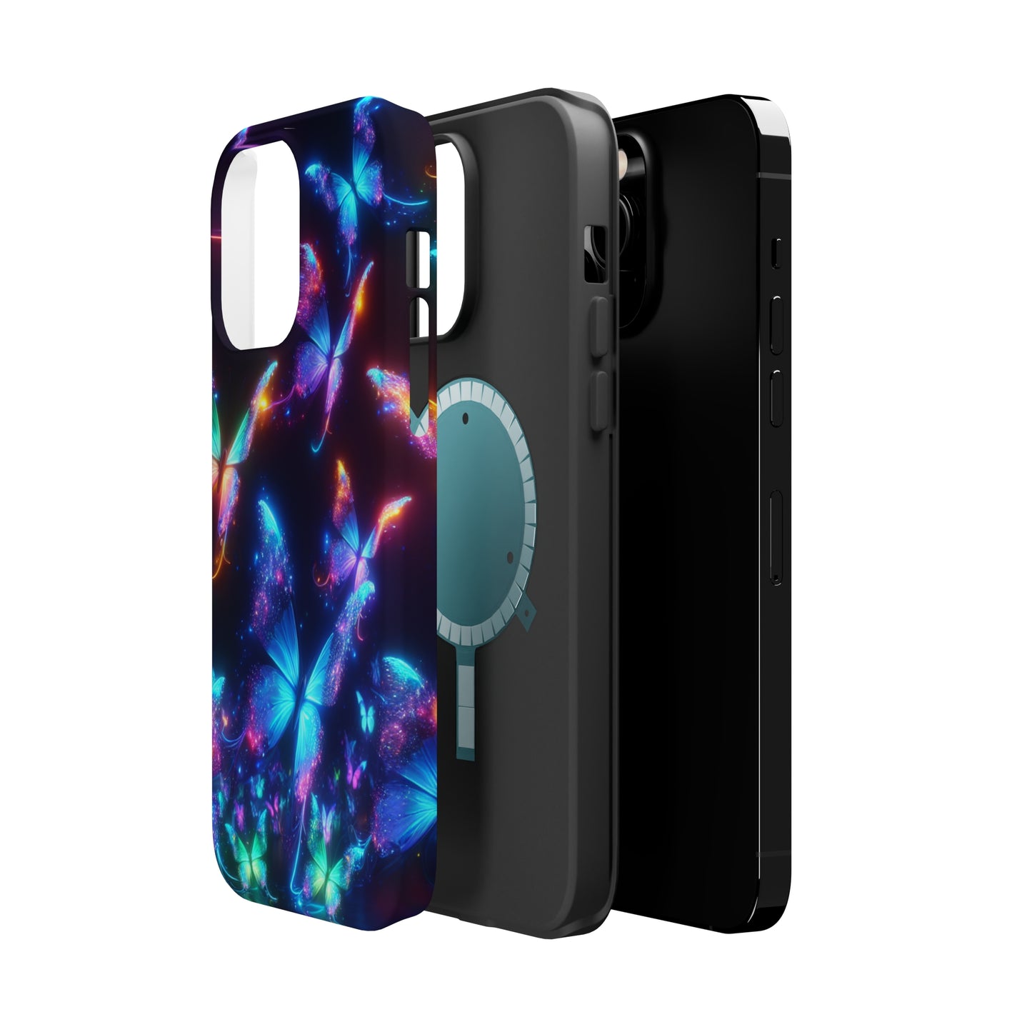 "Electrically Vivid Reverie" Neon Butterflies Premium Art Magsafe Magnet Tough IPhone 13 14 15 Pro Plus Max and Mini in Matte and Glossy Phone cases