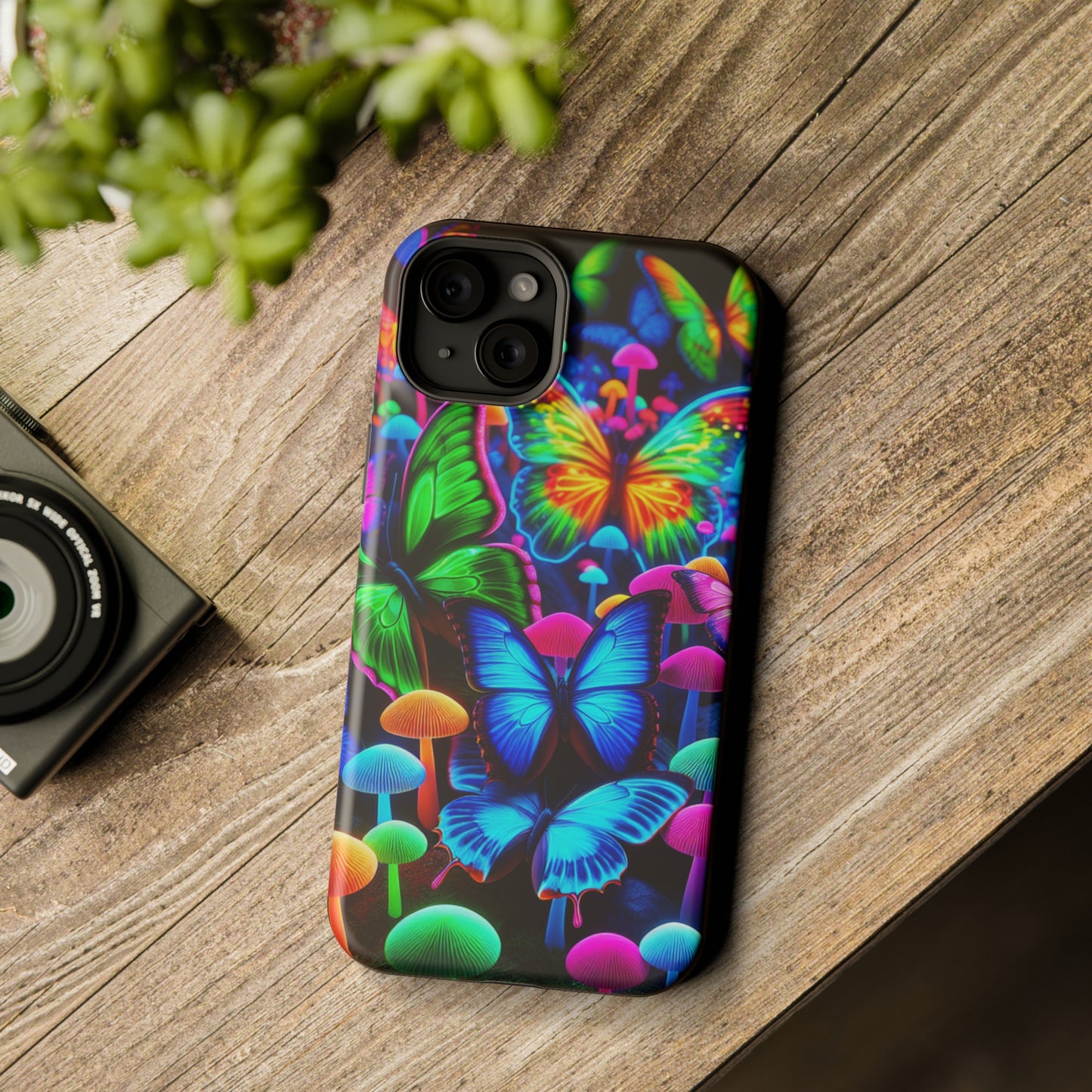 "Fantastic Fruition" Neon Butterflies and Mushrooms Premium Art Magsafe Magnet Tough IPhone 13 14 15 Pro Plus Max and Mini in Matte and Glossy Phone cases