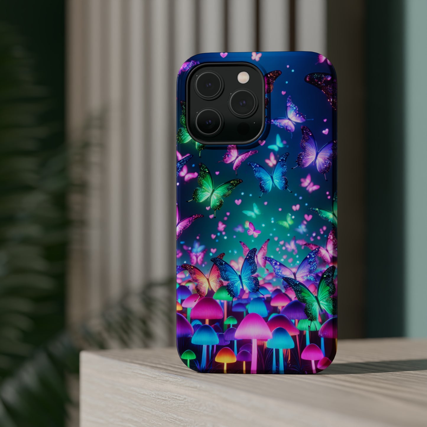 Neon Eden. Neon Butterflies and Mushrooms Premium Art Magsafe Magnet Tough IPhone 13 14 15 Pro Plus Max and Mini in Matte and Glossy Phone cases