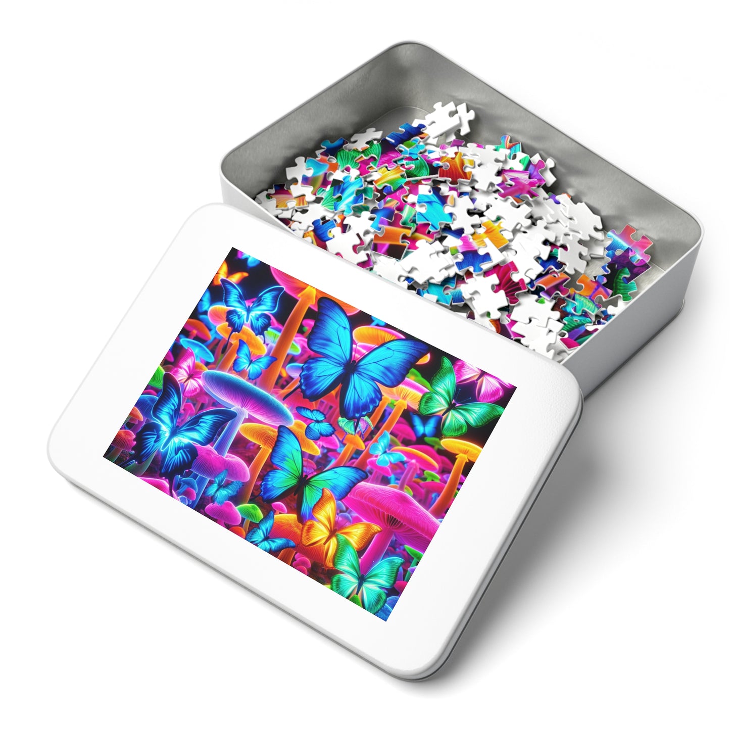 Neon Splendor. - Neon Butterflies and Mushrooms Puzzle 30, 110, 252, and 1000 Pieces