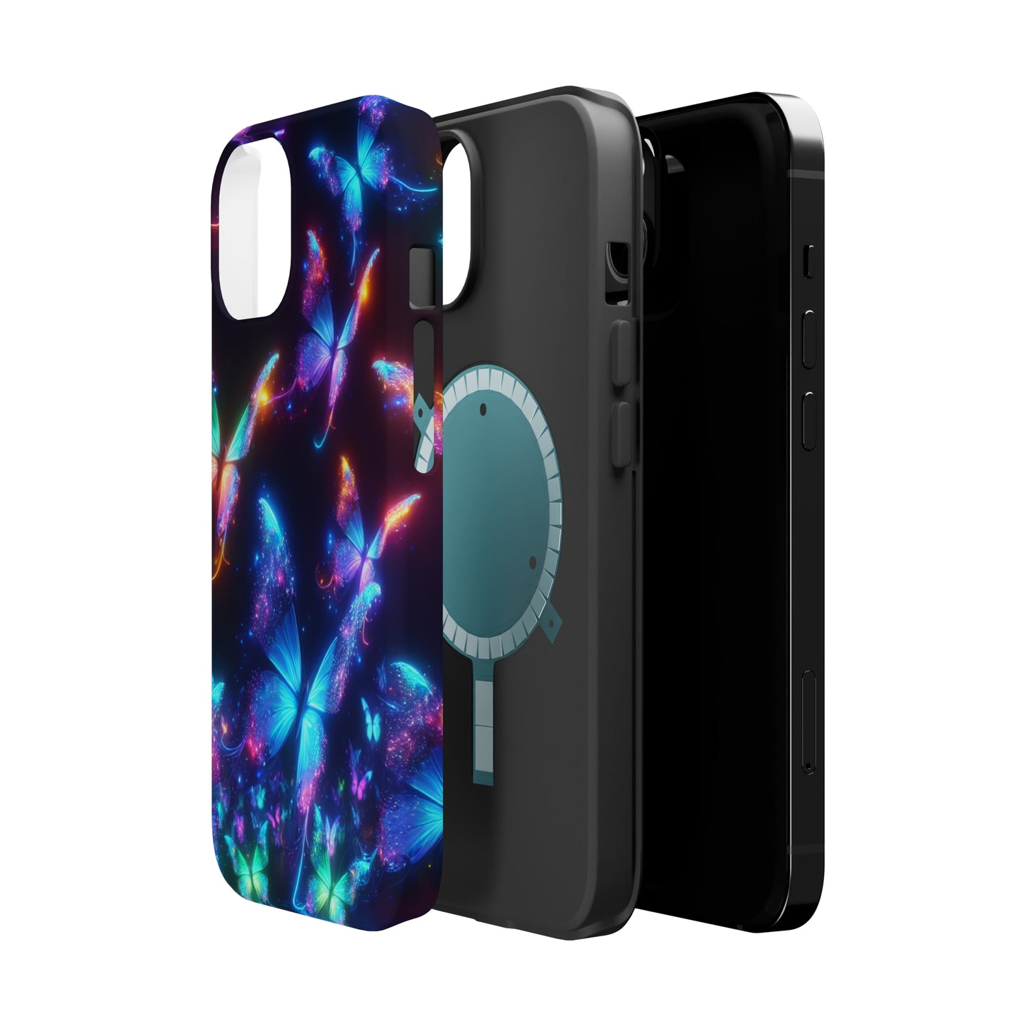 "Electrically Vivid Reverie" Neon Butterflies Premium Art Magsafe Magnet Tough IPhone 13 14 15 Pro Plus Max and Mini in Matte and Glossy Phone cases
