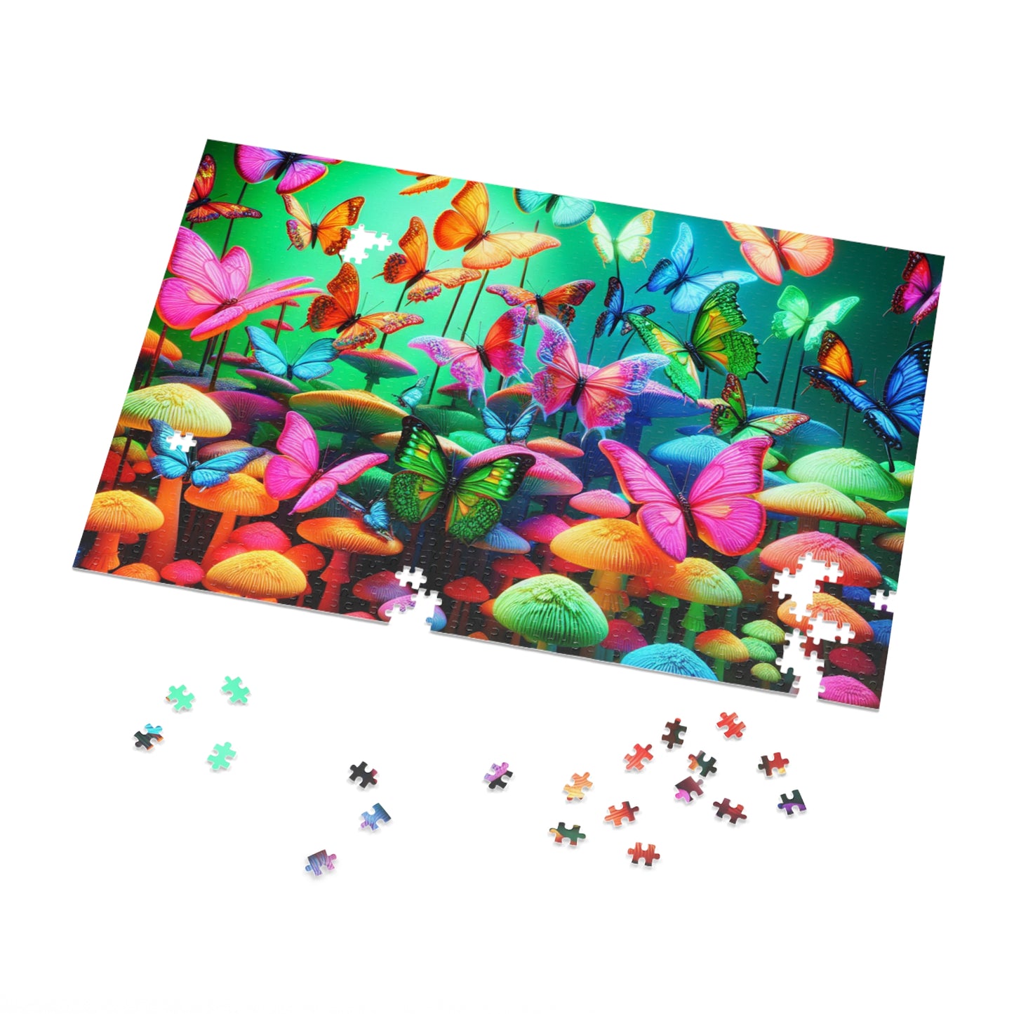 Neon Splendor. - Neon Butterflies and Mushrooms Puzzle 30, 110, 252, and 1000 Pieces