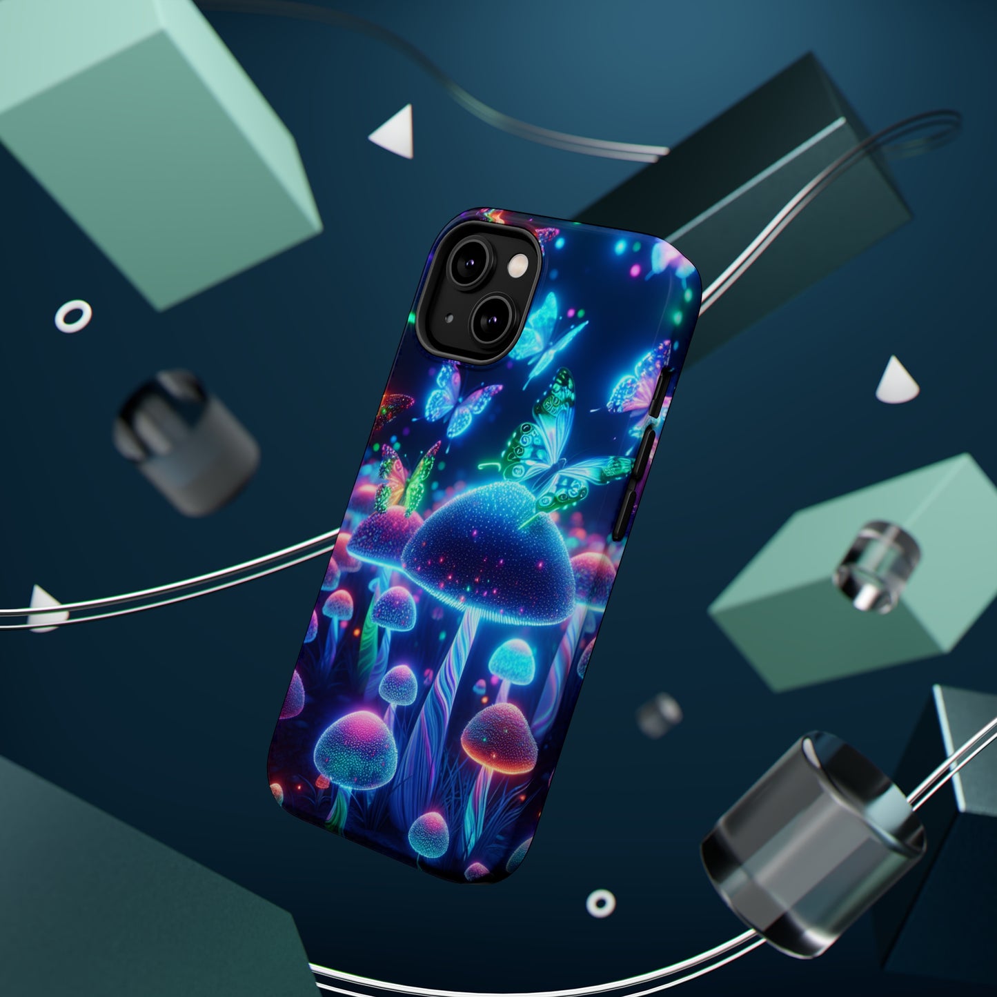Neon Glitterbug Heaven. Neon Butterflies and Mushrooms Premium Art Magsafe Magnet Tough IPhone 13 14 15 Pro Plus Max and Mini in Matte and Glossy Phone cases