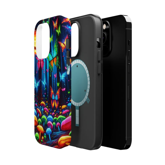 Neon Fantasia. Neon Butterflies and Mushrooms Premium Art Magsafe Magnet Tough IPhone 13 14 15 Pro Plus Max and Mini in Matte and Glossy Phone cases