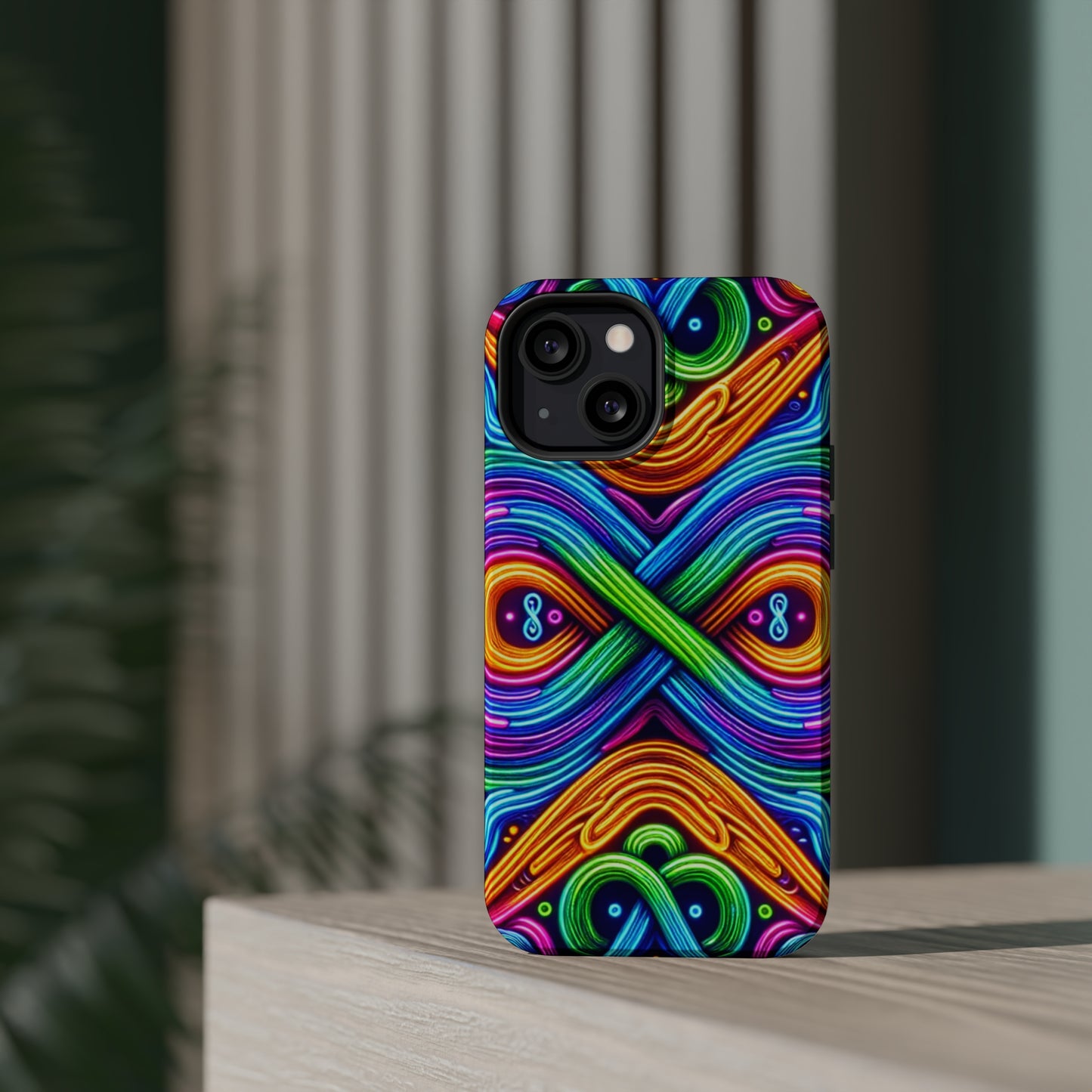 Cosmic Neon Infinity Spectacular. Neon Trippy Infinity Patterns Premium Art Magsafe Magnet Tough IPhone 13 14 15 Pro Plus Max and Mini in Matte and Glossy Phone cases