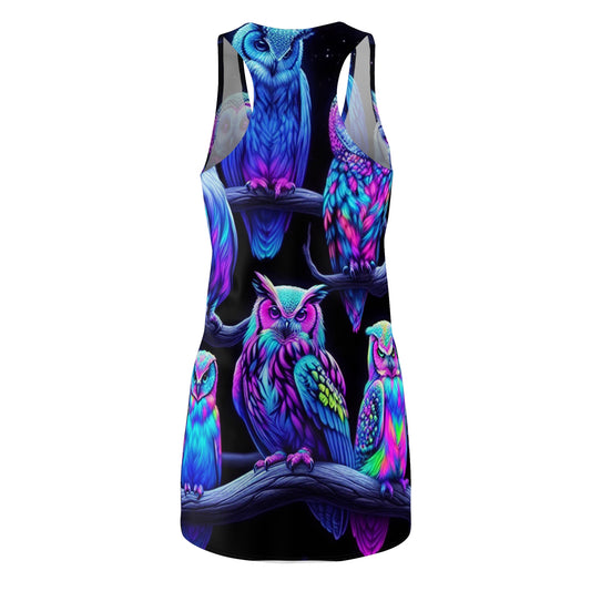 'Electric Avian Aurora' Neon Owls Racerback Dress